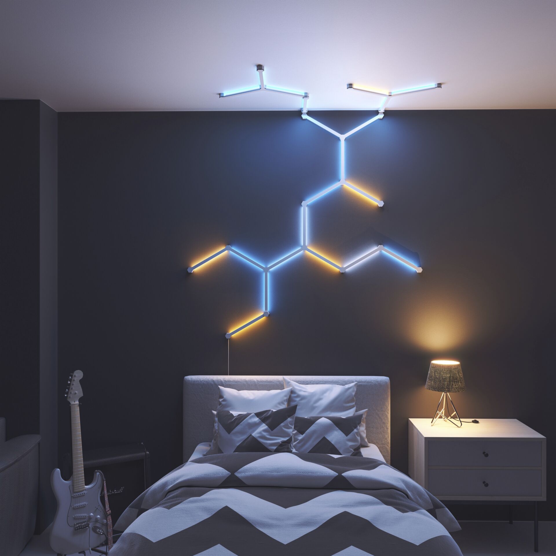 Innenarchitektur, Lampe, Bett, Gitarre, Schlafzimmer