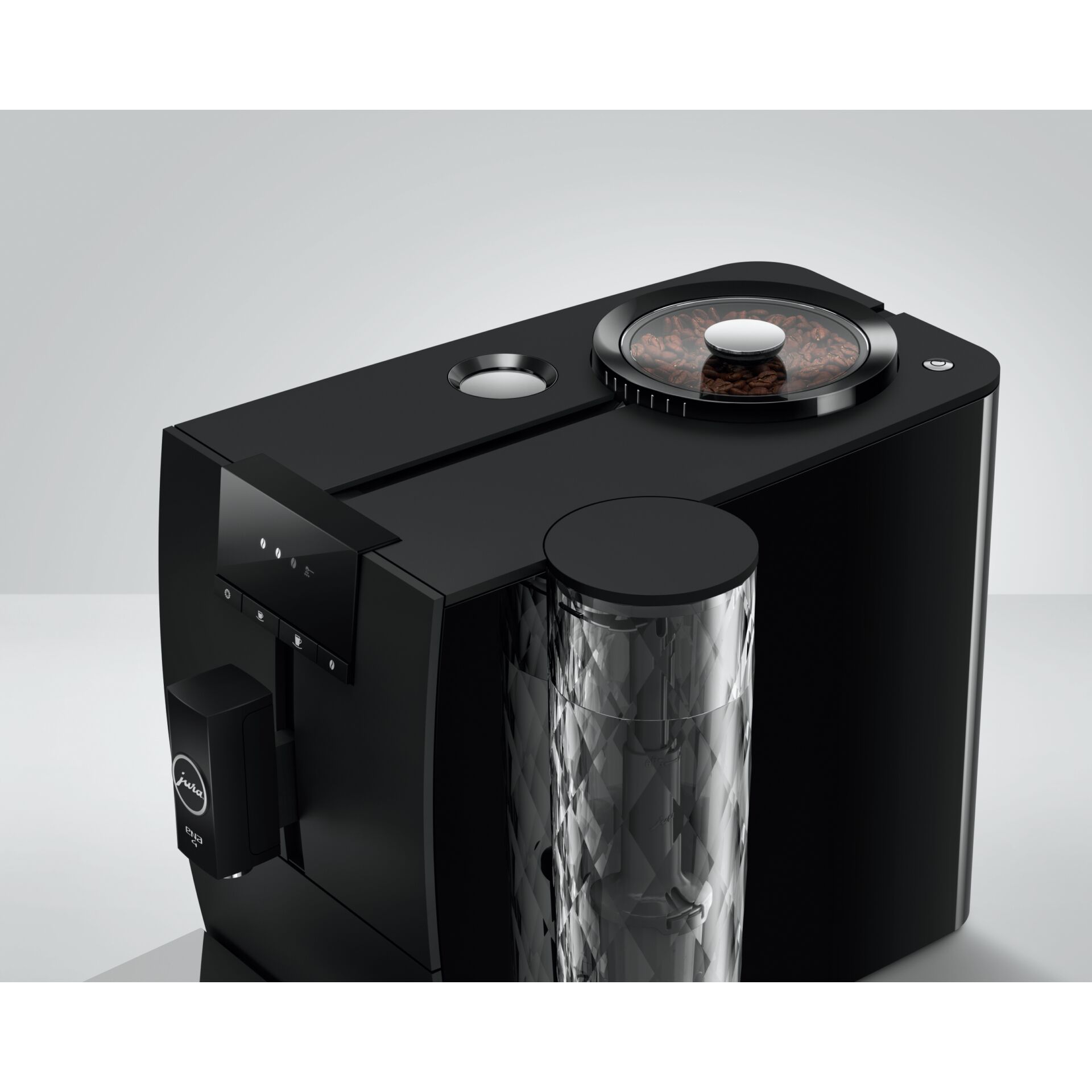 Kaffeemaschine, Espressomaschine, schwarzes Gerät, Glas-Wassertank, integrierter Grinder