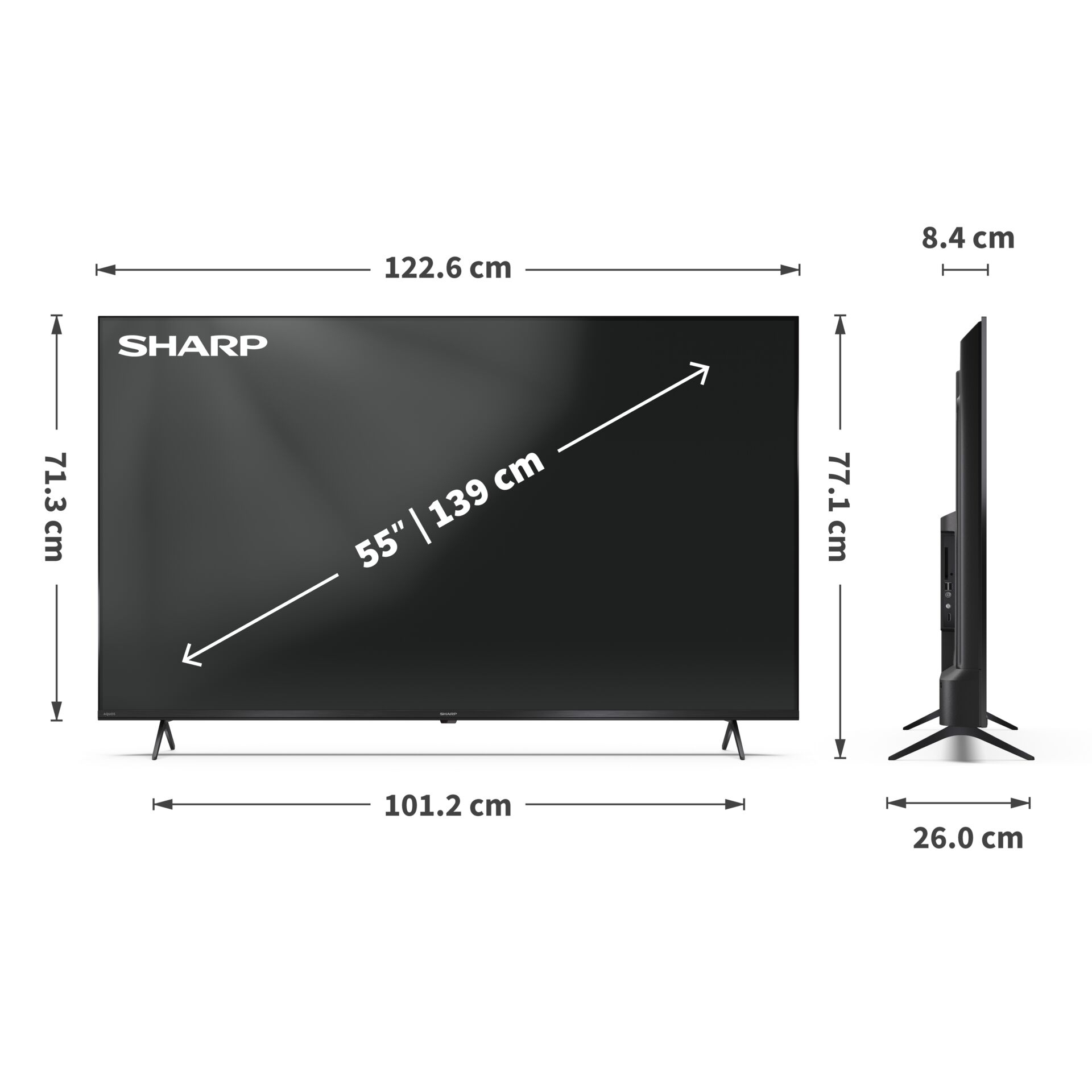 Fernseher, LED, Schwarz, 55 Zoll, Standfuß