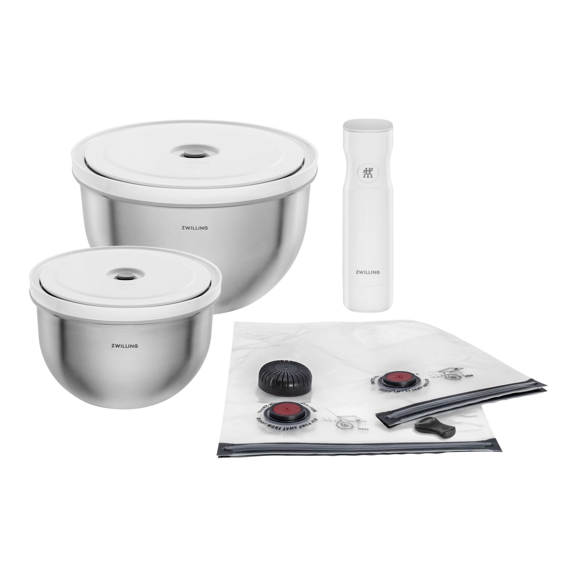 Vakuumier-Set, Edelstahlschüsseln, Vakuumdeckel, Vakuumpumpe, Vakuumbeutel
