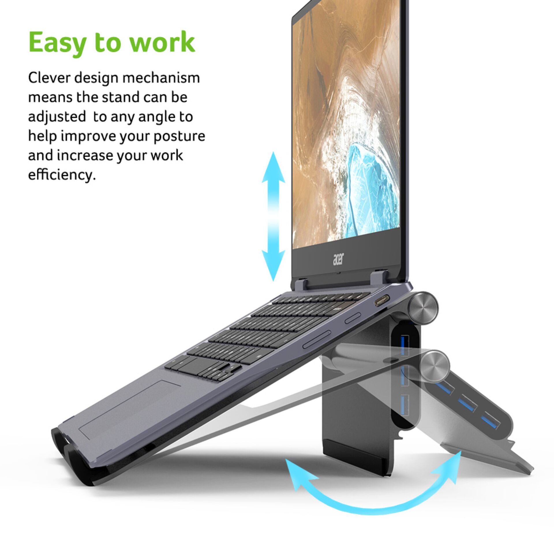 Laptop-Ständer, Verstellbarer Ständer, Belüfteter Tastaturhalter, USB-Hub, Faltbares Design