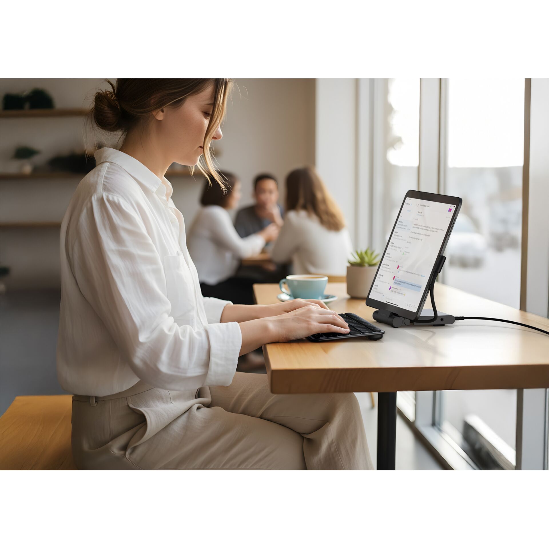 tablet st4nd, tablet, tischl8k, cafe, frau arbeitet