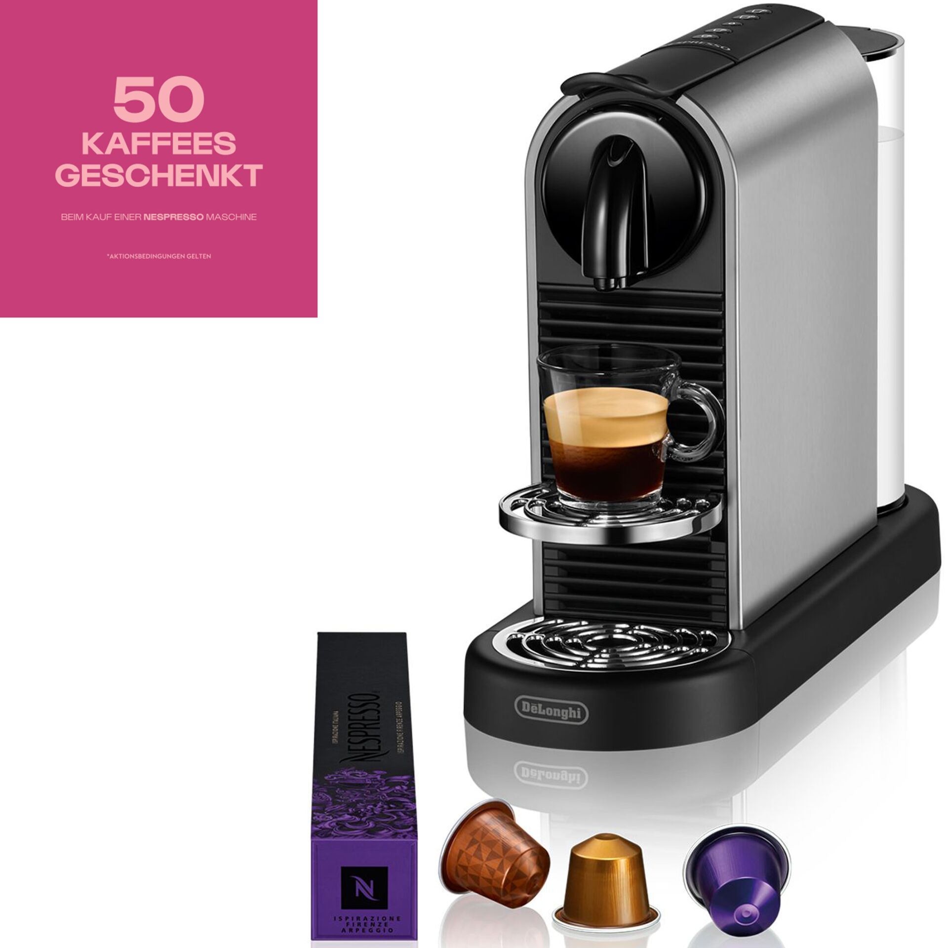 Pokal, Kaffeemaschine, Kapselmaschine, Espresso, Kapselknopf, Metallgehäuse, Kaffeemaschine, Kapselmaschine, Espresso, Kaffeezubereitung, Kaffeeunterlage, Kaffeemaschine, Nespresso kompatibel, Kapselmaschine, Espresso, Silber