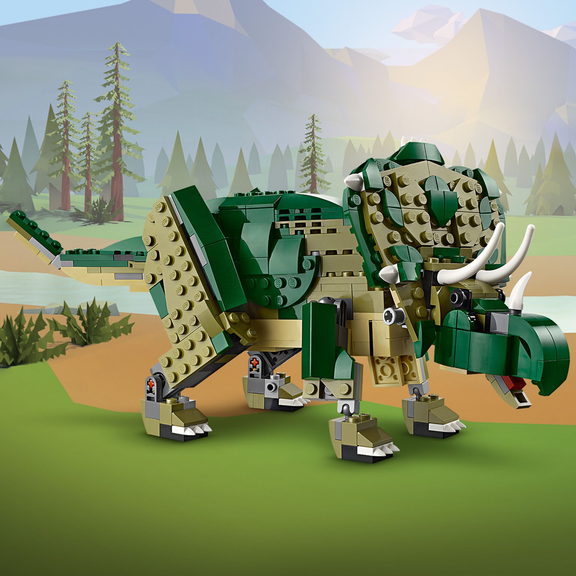 Lego Modell, Triceratops-ähnliches Tier, Grün, Knochen/Stoßzähne, Tierisch/ Dinosaurier
