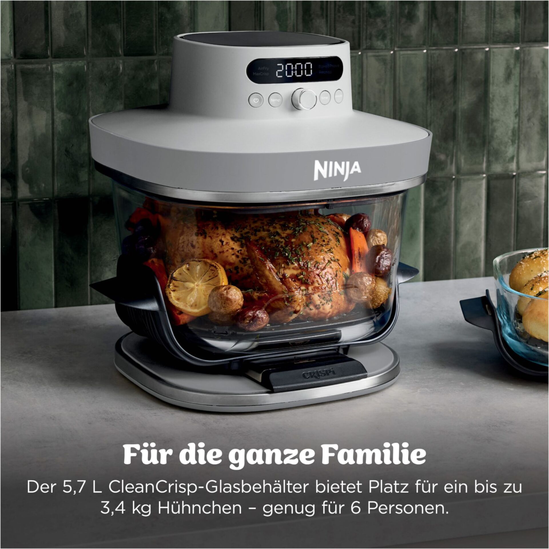Atemkünstler Ofen, Backofen mit Glasbehälter, Glasbehälter, Brathähnchen, Digitale Bedienelemente