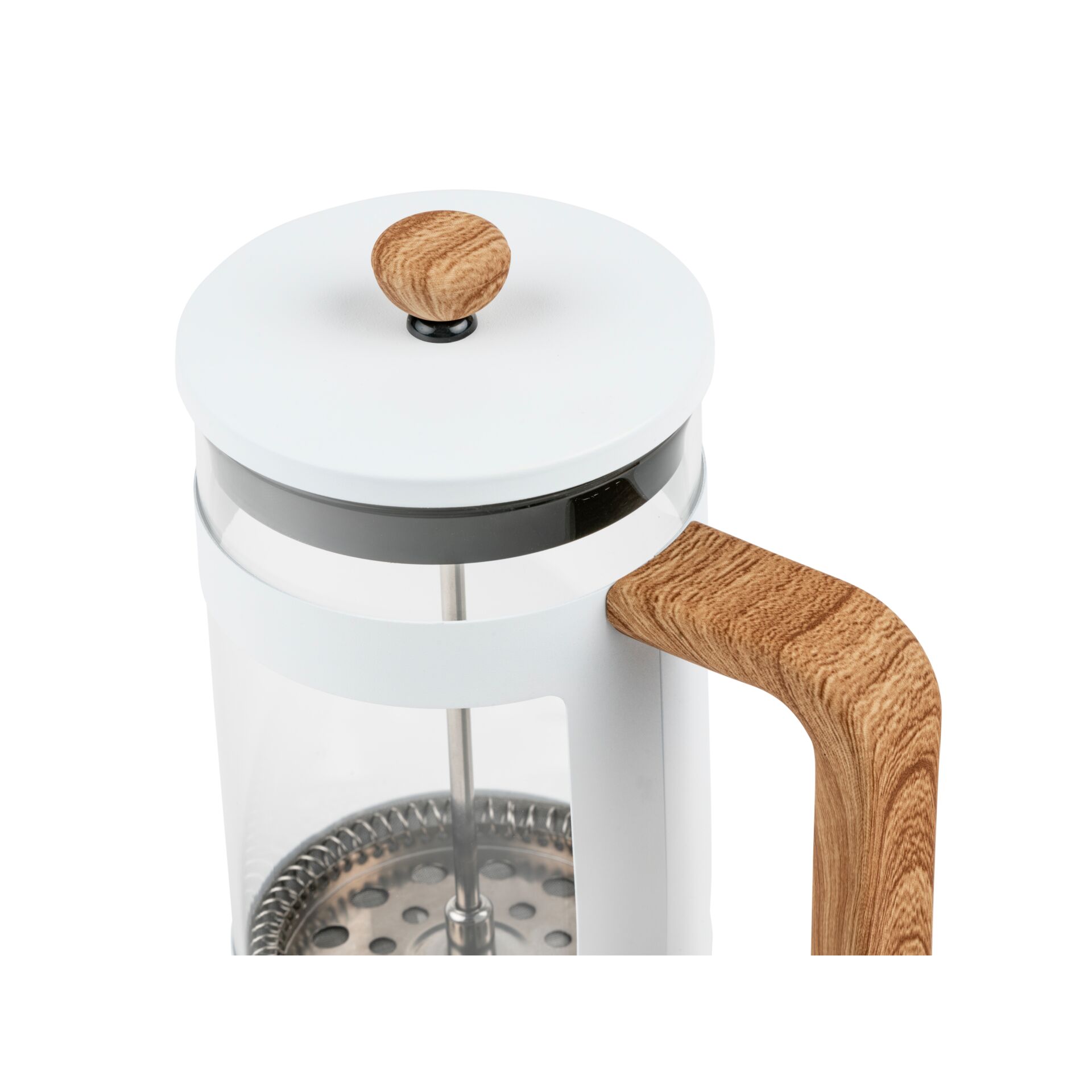 French press, Edelstahl, Holzgriff, Glasbehälter, Knopfkappchen