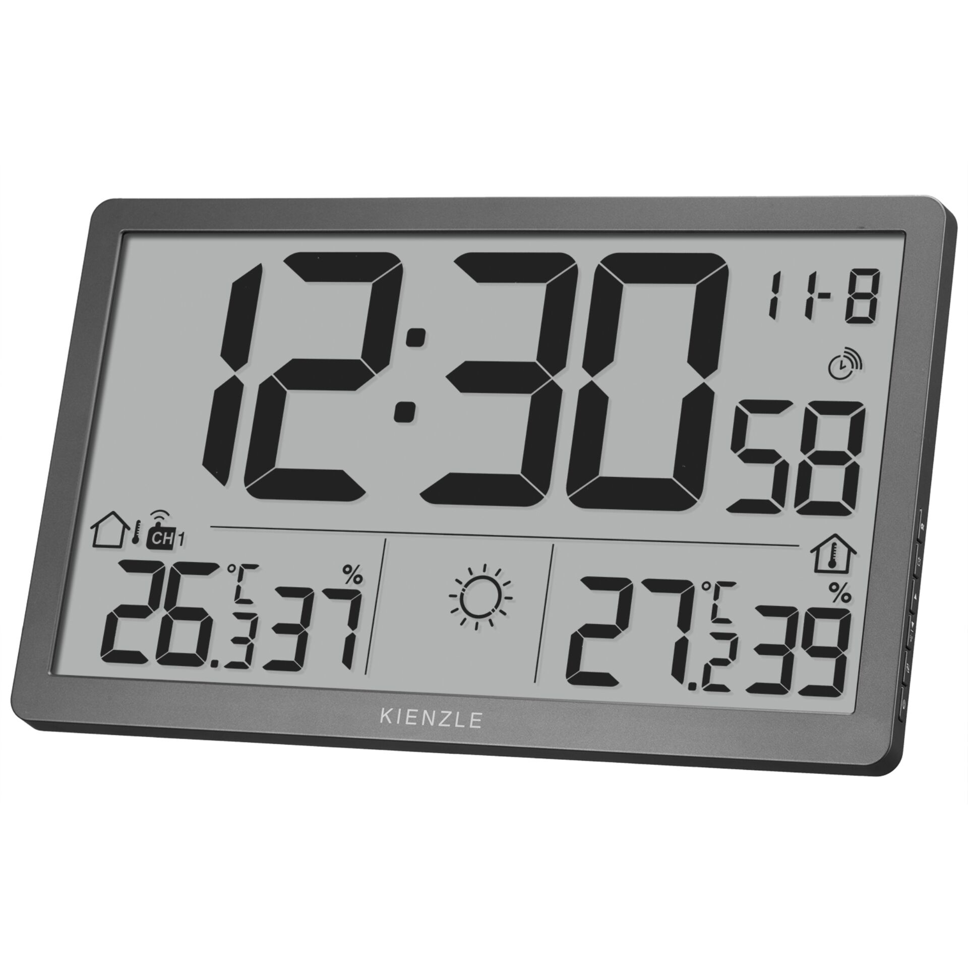 digital clock, LCD display, Tischuhr, Wetteruhr, Kienzle Branding
