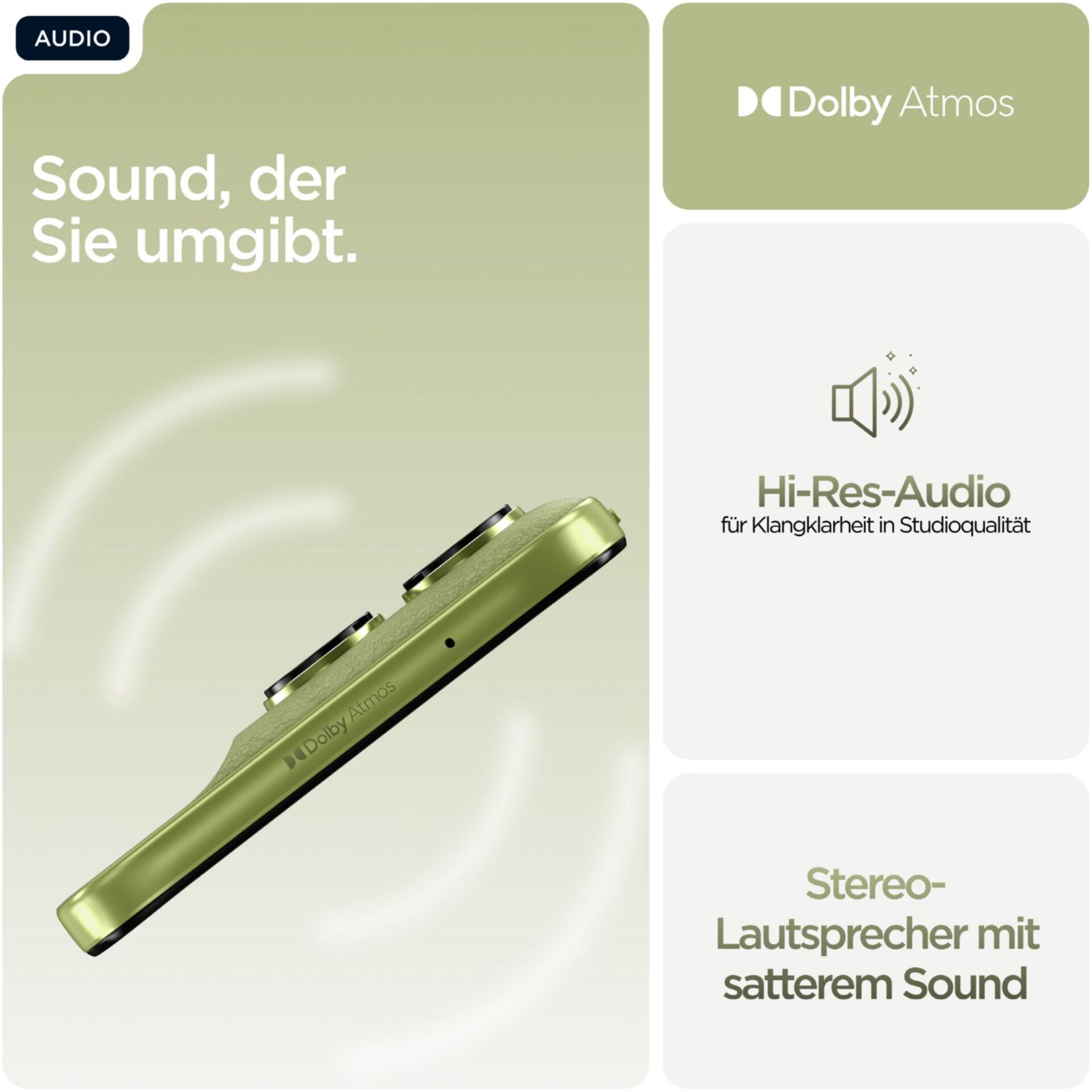 Kopfhörer, Stereomikro, Lautsprecher, Dolby Atmos, Hi-Res Audio