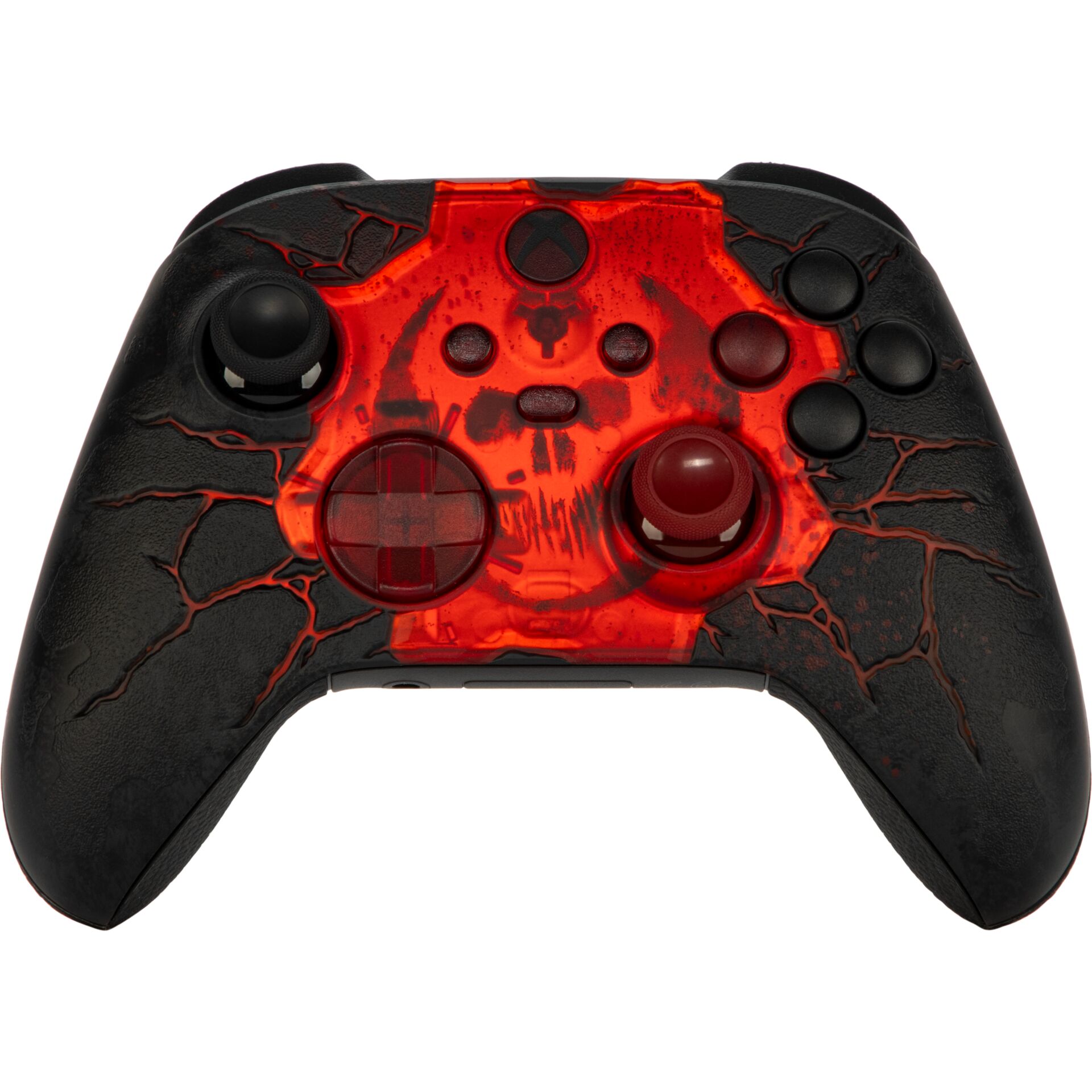 Controller, Gamepad, Rot, Risse?, Design: cracked lava, Spielcontroller, Schwarz-rot, Transparente Front, Rissmuster, Analogsticks, Gaming-Controller, schwarz-rot, Lavadesign, strukturierte Oberfläche, zwei Analogsticks
