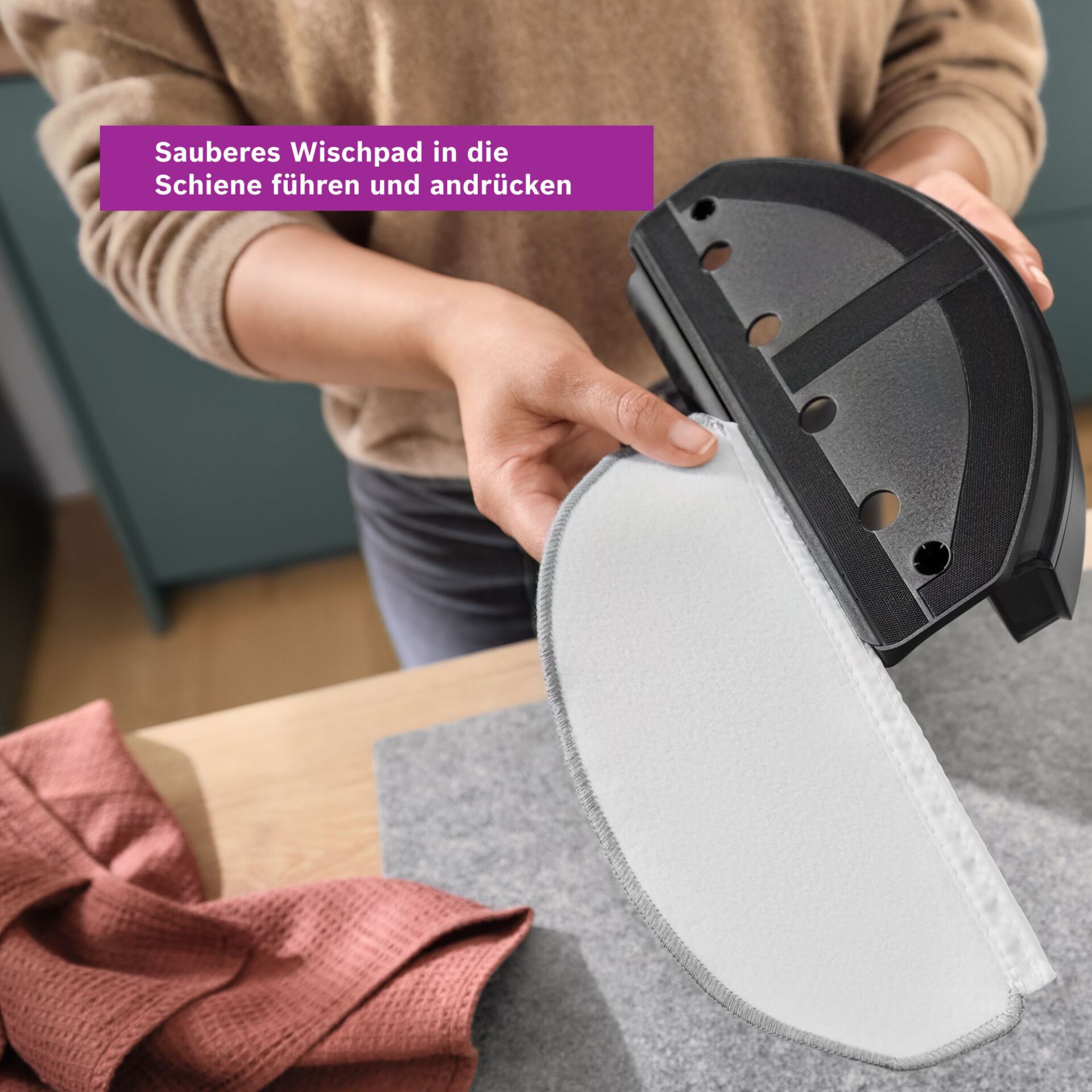 Wischpad, Schienenhalterung, Staubschutz, Filzoberfläche, Haushaltsgerät