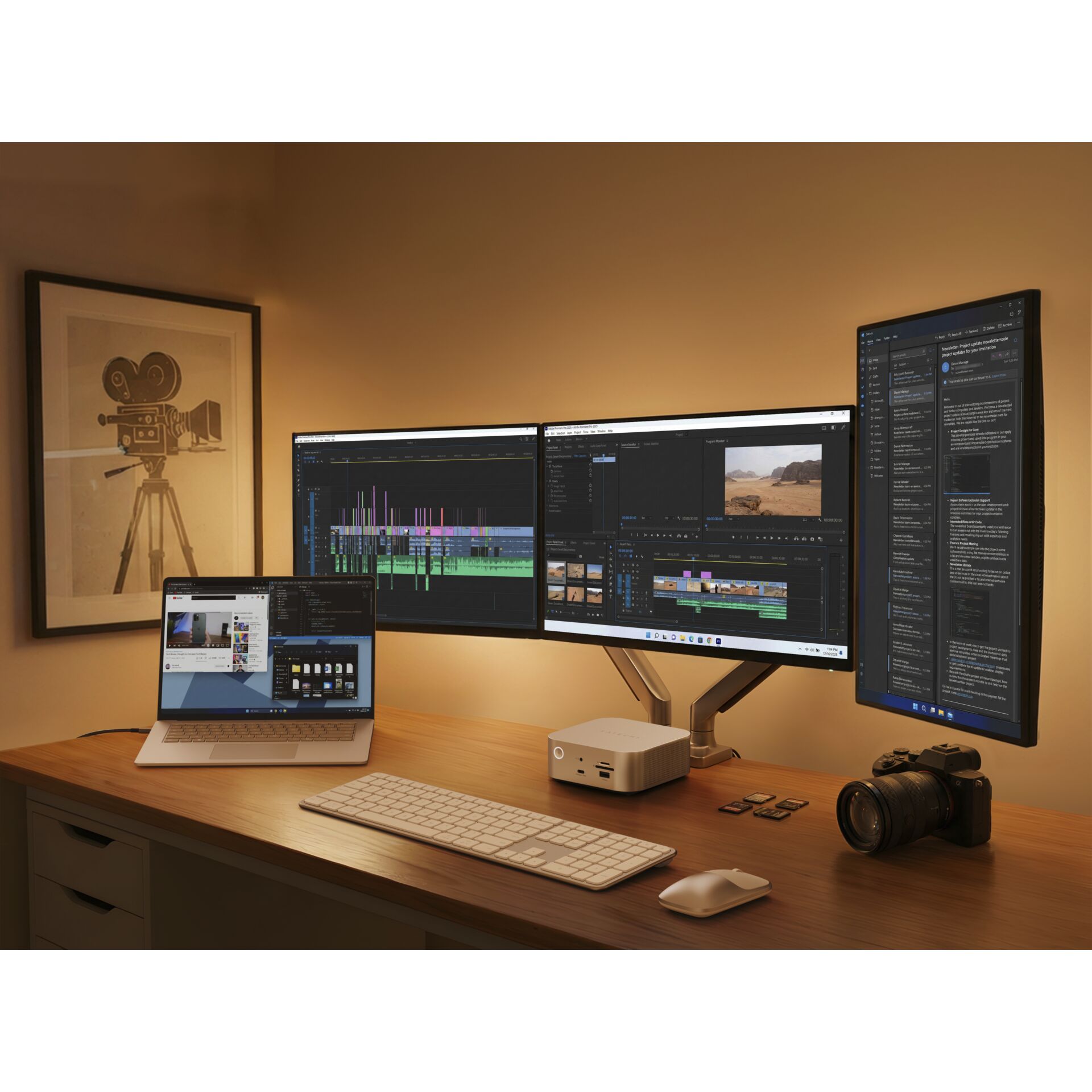 workspace, video-editing, dual-monitor, desktop-setup, camera-gear