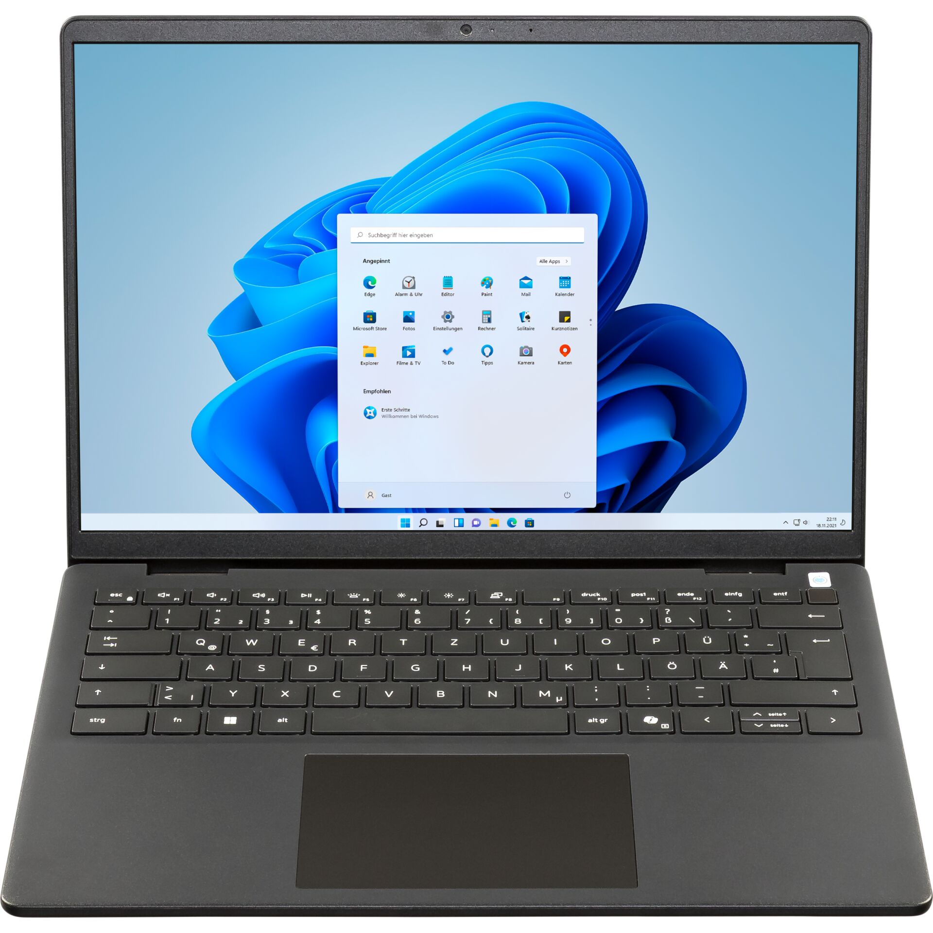 Laptop, Schwarzes Gehäuse, QWERTZ-Tastatur, Touchpad, Windows 11
