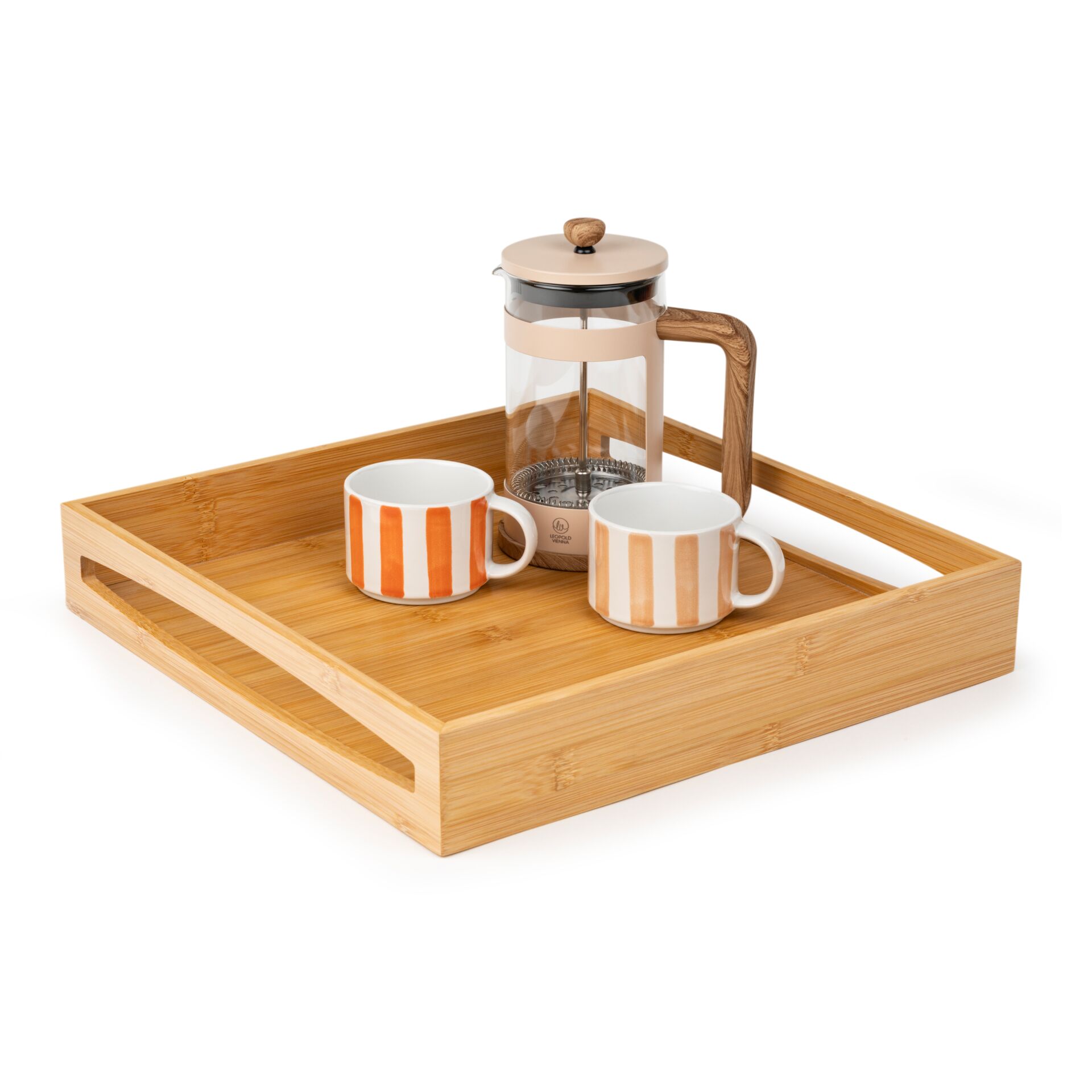 Kaffee-Set, French Press, Holztablett, Porzellane tasse, Streifenmuster
