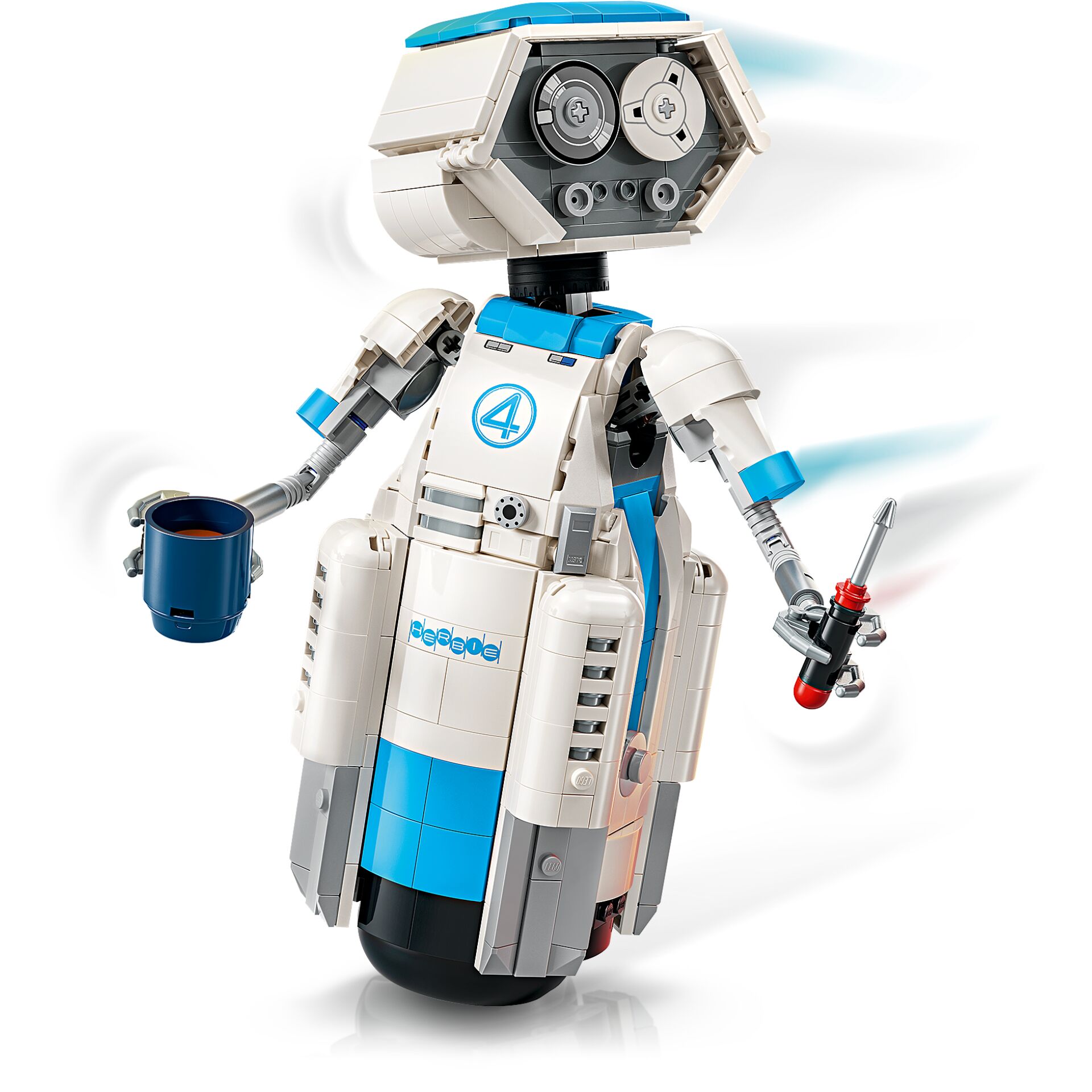 lego roboter, weltraum roboter, weiß blau, gekoppelte räder, raketenarm