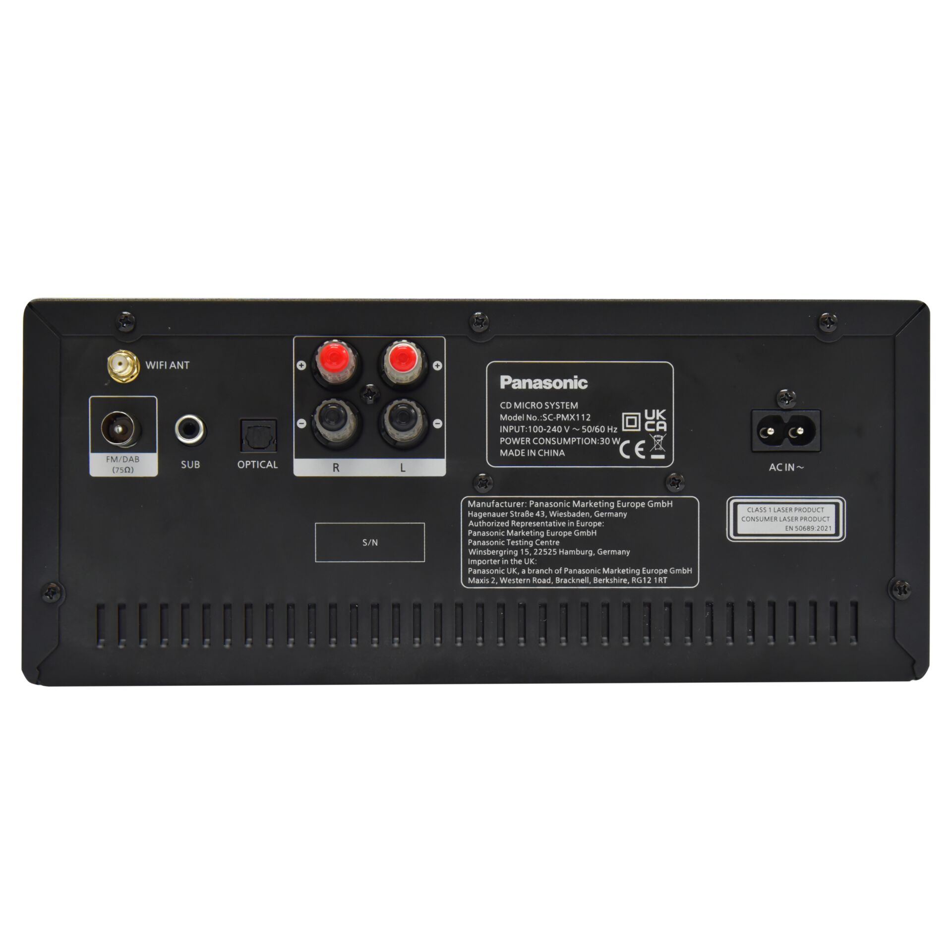 CD-Player, RCA-Ausgänge, Lautsprecheranschlüsse, Panasonic, Wechselstromanschluss