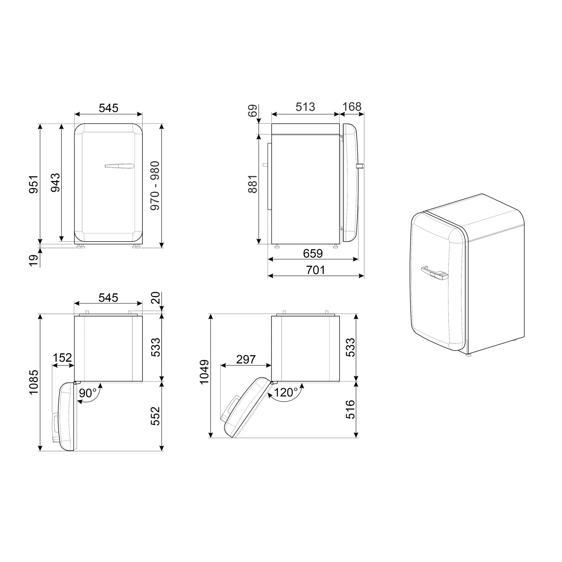 Kühlschrank, Kompakt, Maße 970-980x545, Beleuchtung, Türgriff