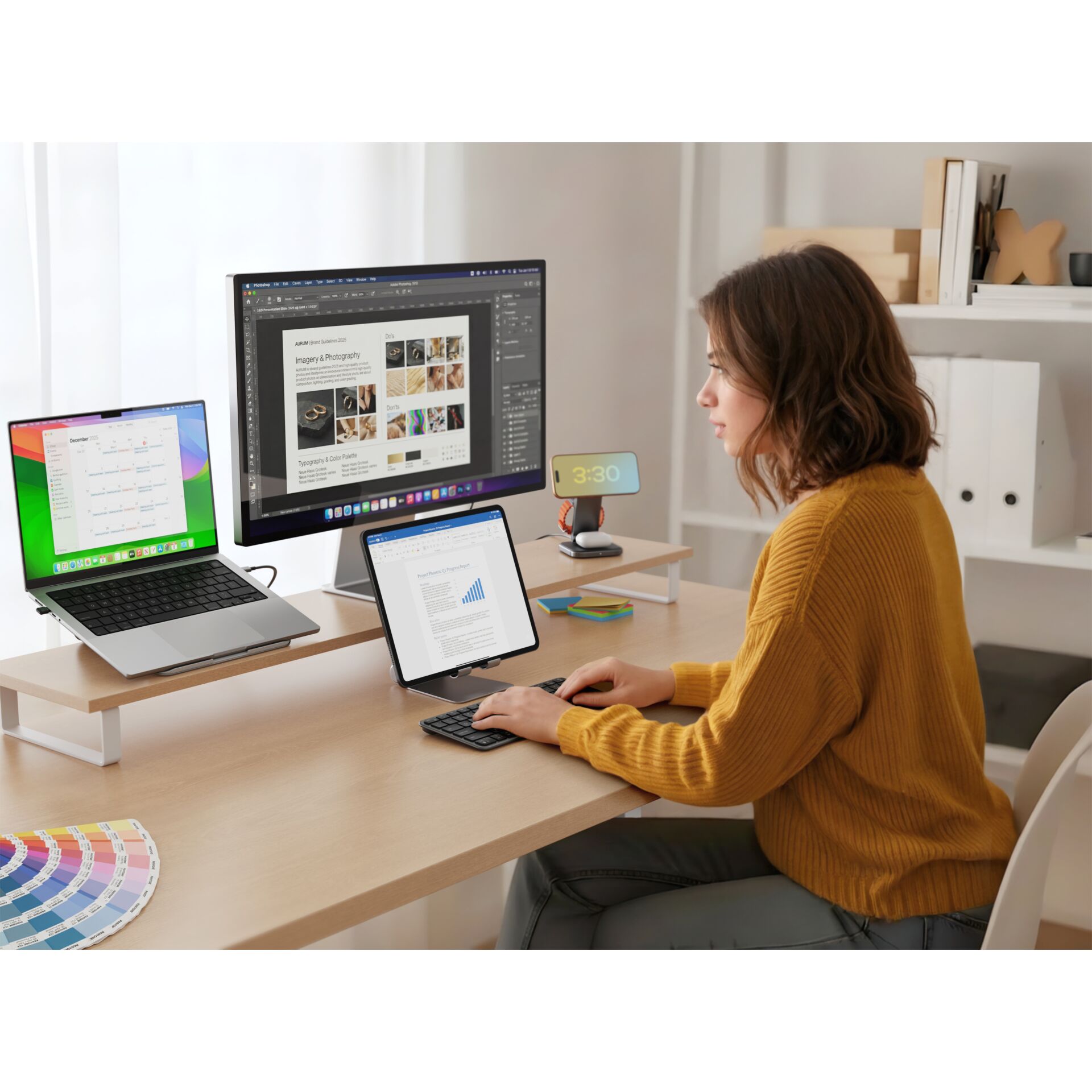 workspace, office setup, desktop computer, tablet stand, laptop