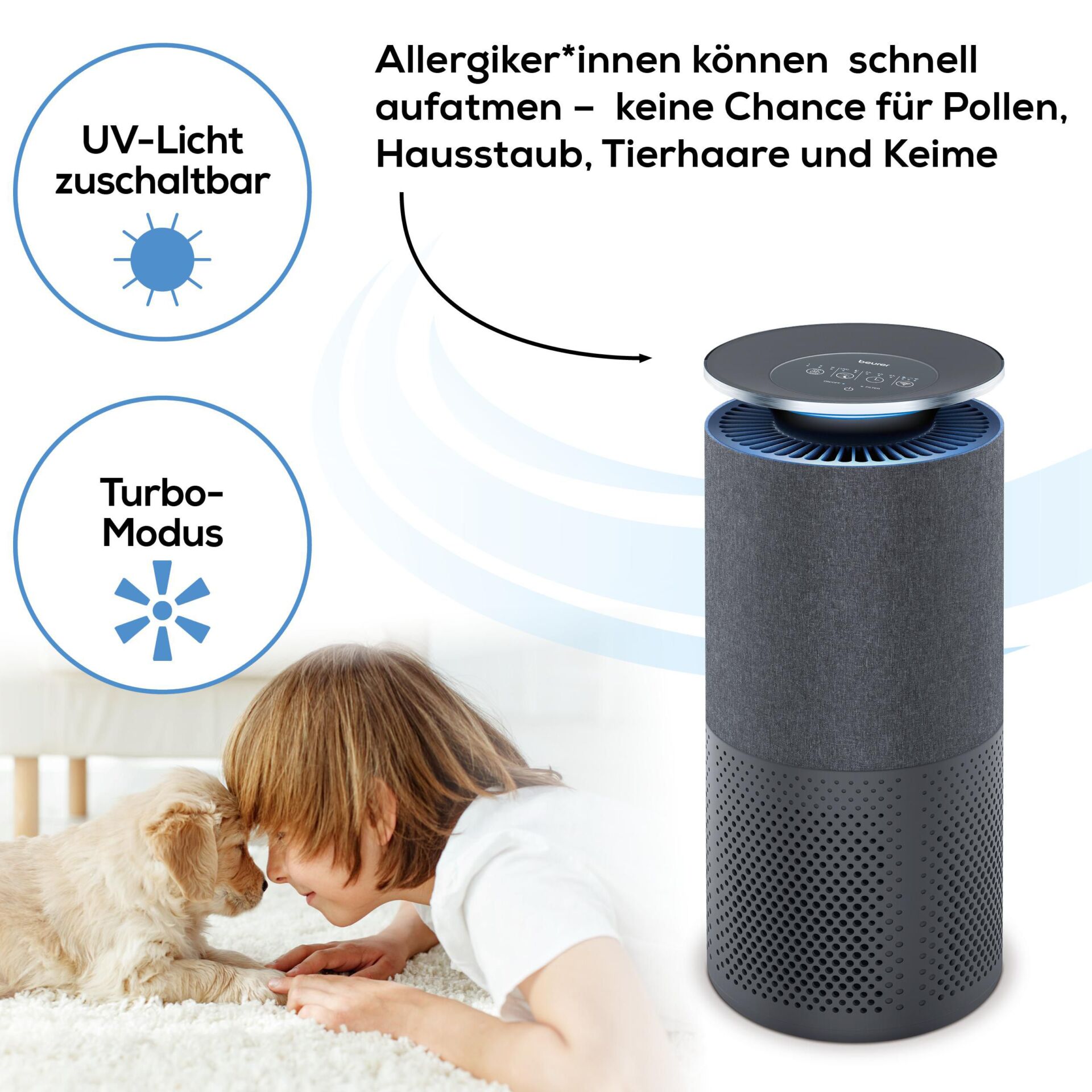 Luftreiniger, Turmform, LED-Display, Luftkühler, Grau