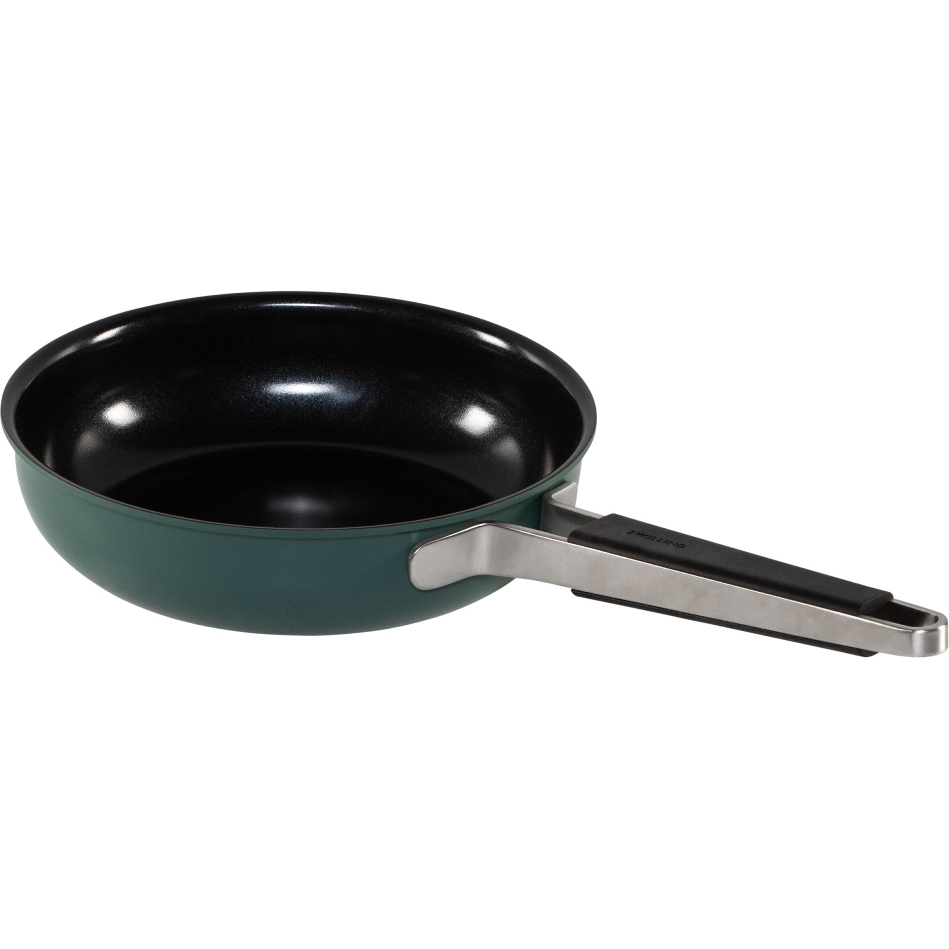 bratpfanne, antihaft, grün, metallgriff, runder pfannenboden