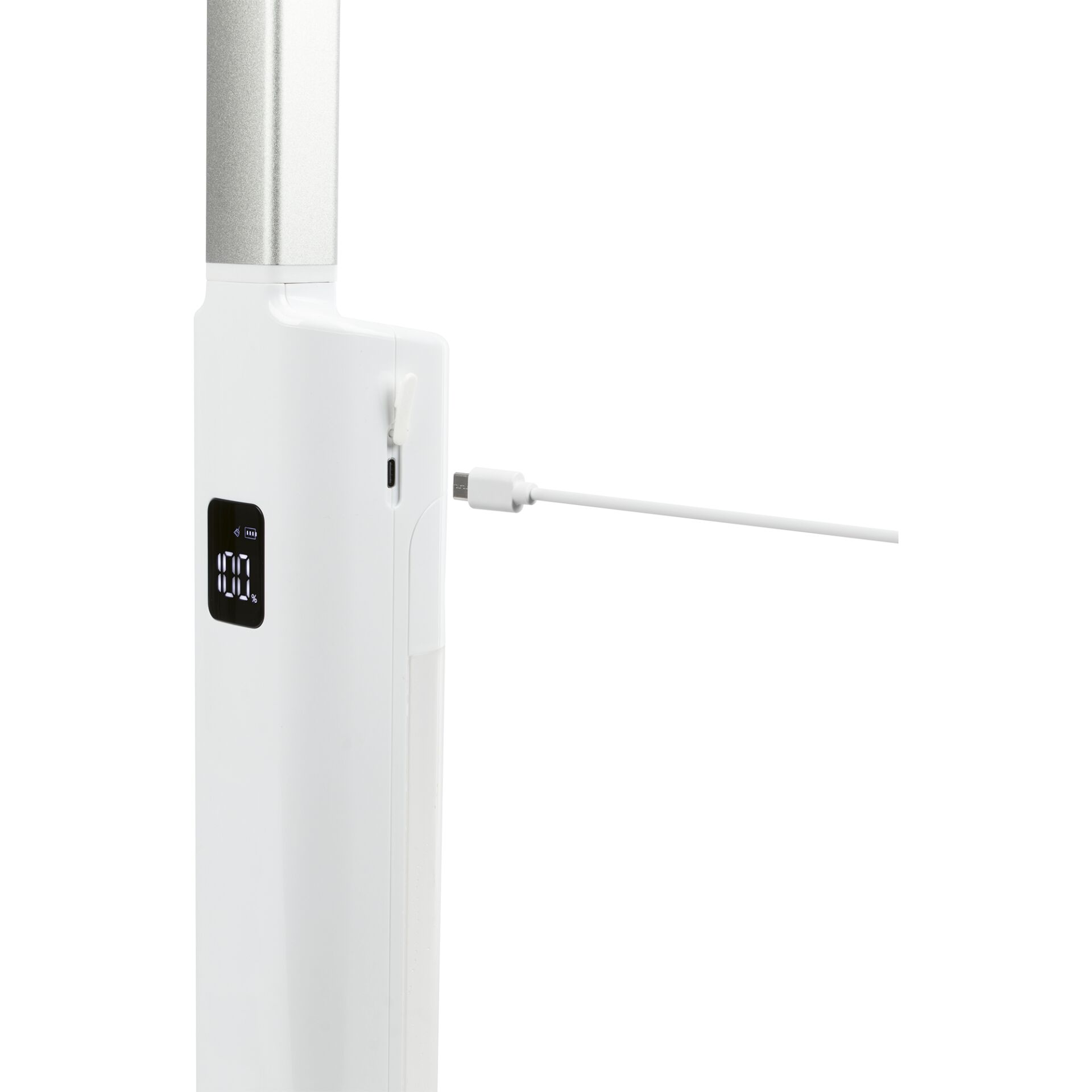 Elektrisches Gerät, Weißes Gehäuse, Digitaldisplay, Akkuanzeige, USB-Ladeanschluss