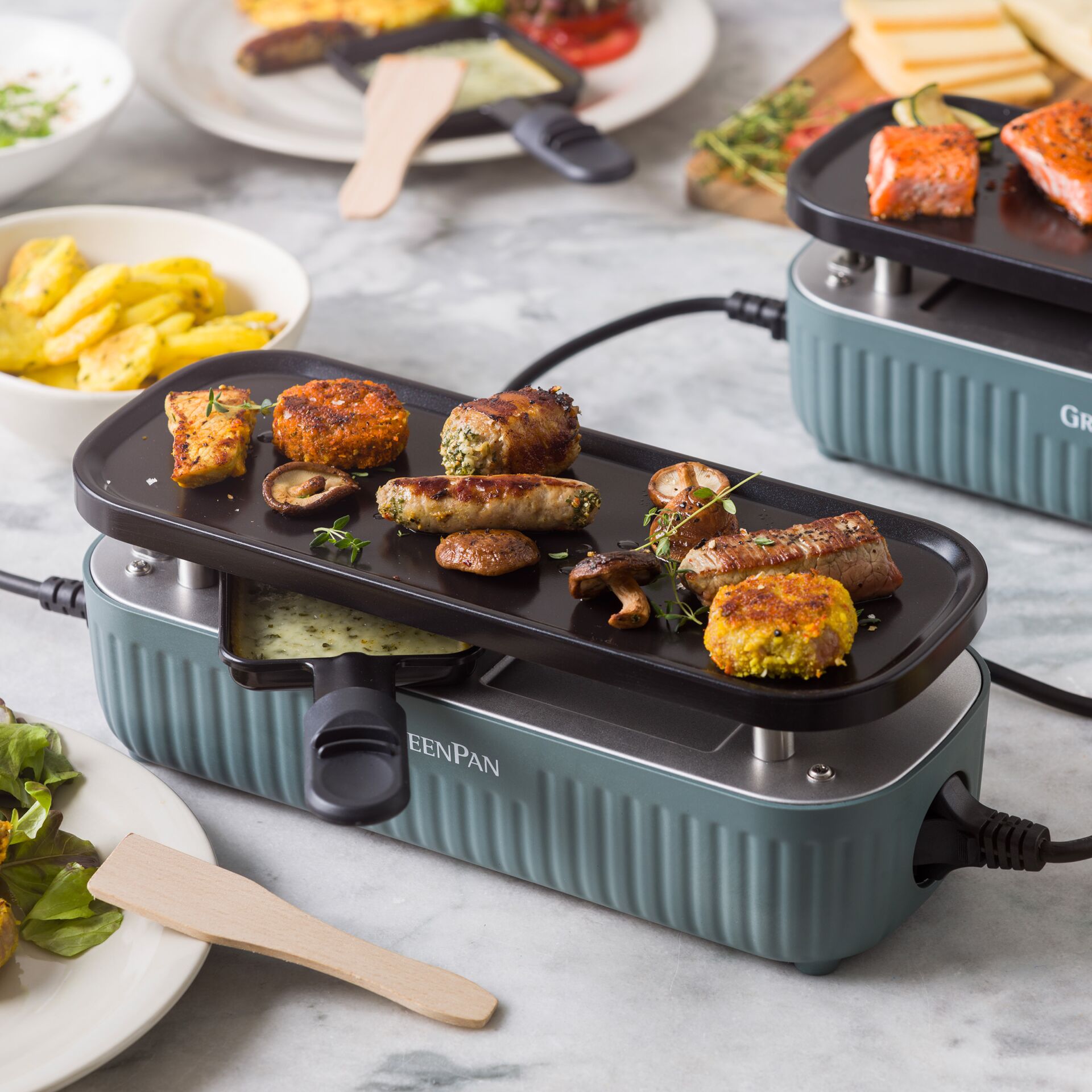 Tischgrill, Elektrogrill, Grillplatte, geriffelte Oberfläche, blaugrün