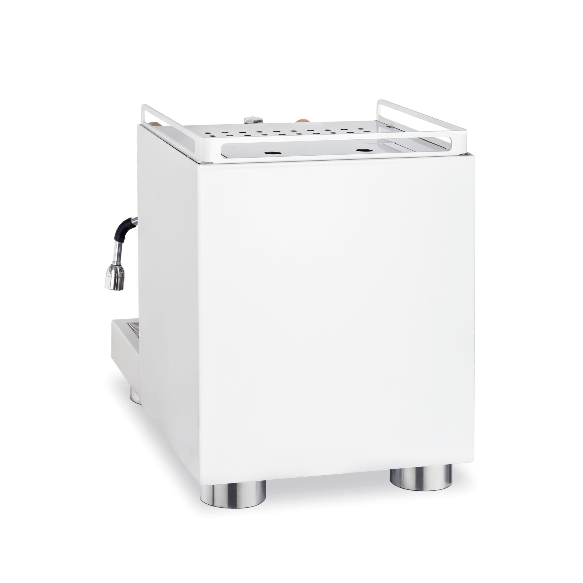 Espresso-Kaffeeautomat, Kaffeemaschine, weiße Maschine, Schaumdüse, Metallfüße