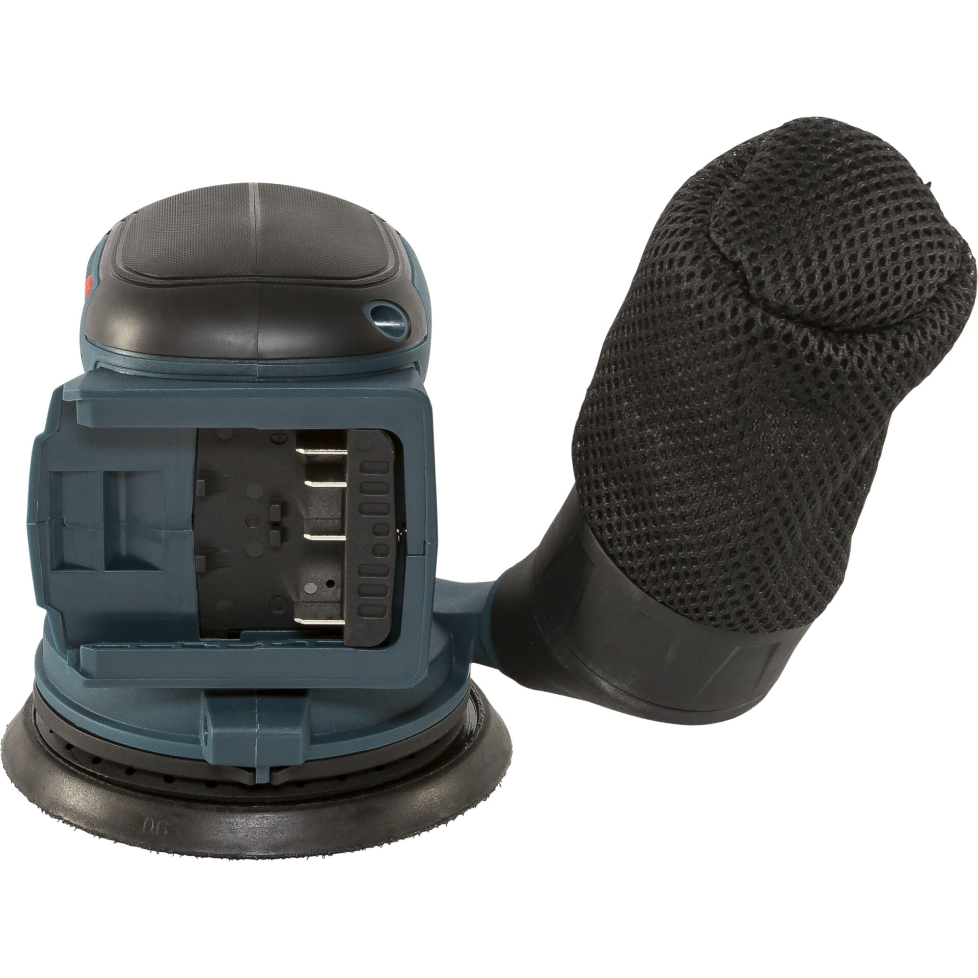 Blädgerät, Schleifer, Exzenter-Schleifer, Korpus blau, Schutzhaube/Handschuh