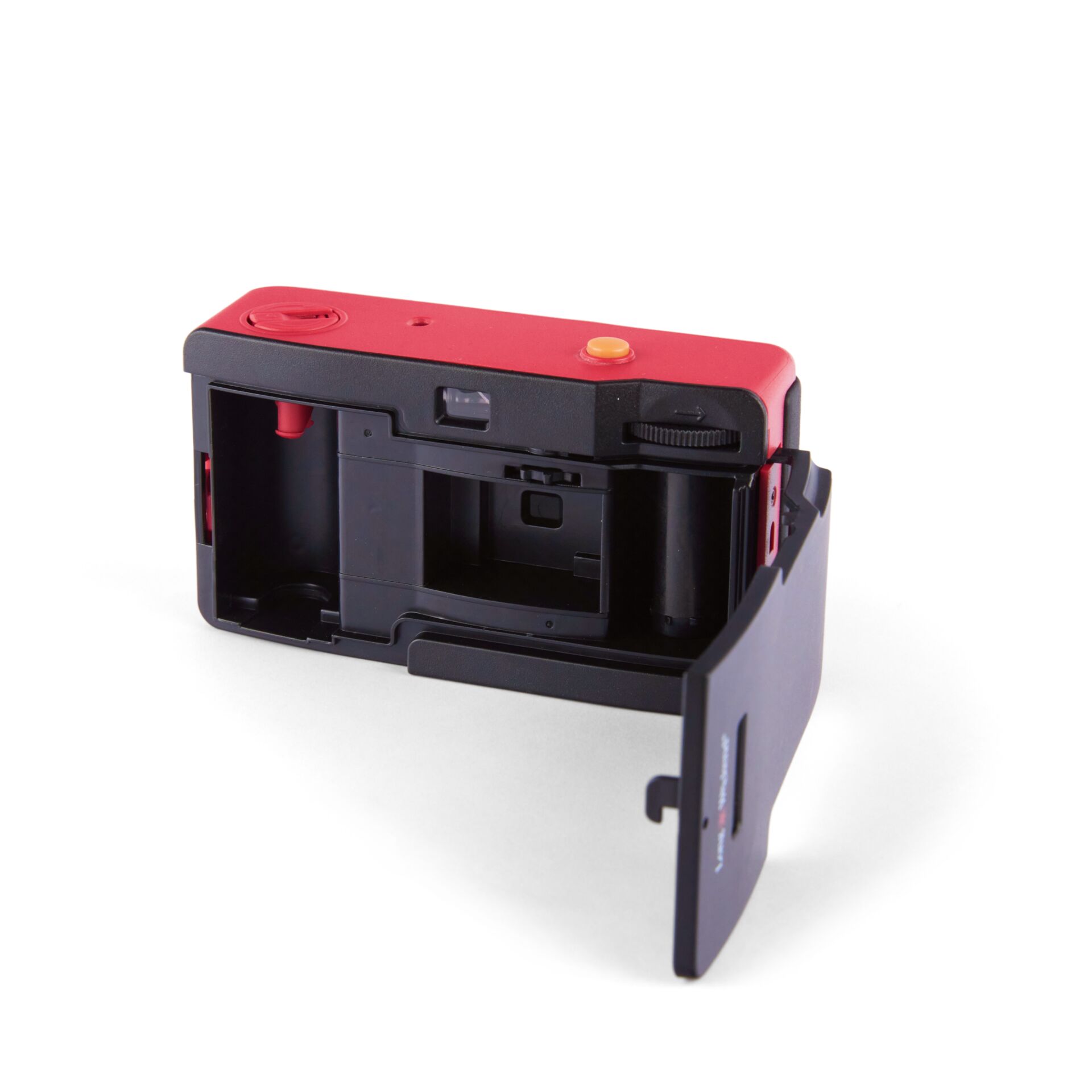 Polaroid-Stil Sofortkamera, rote Oberseite, schwarzer Körper, ausklappbares Sucherfenster, offene Batteriefach