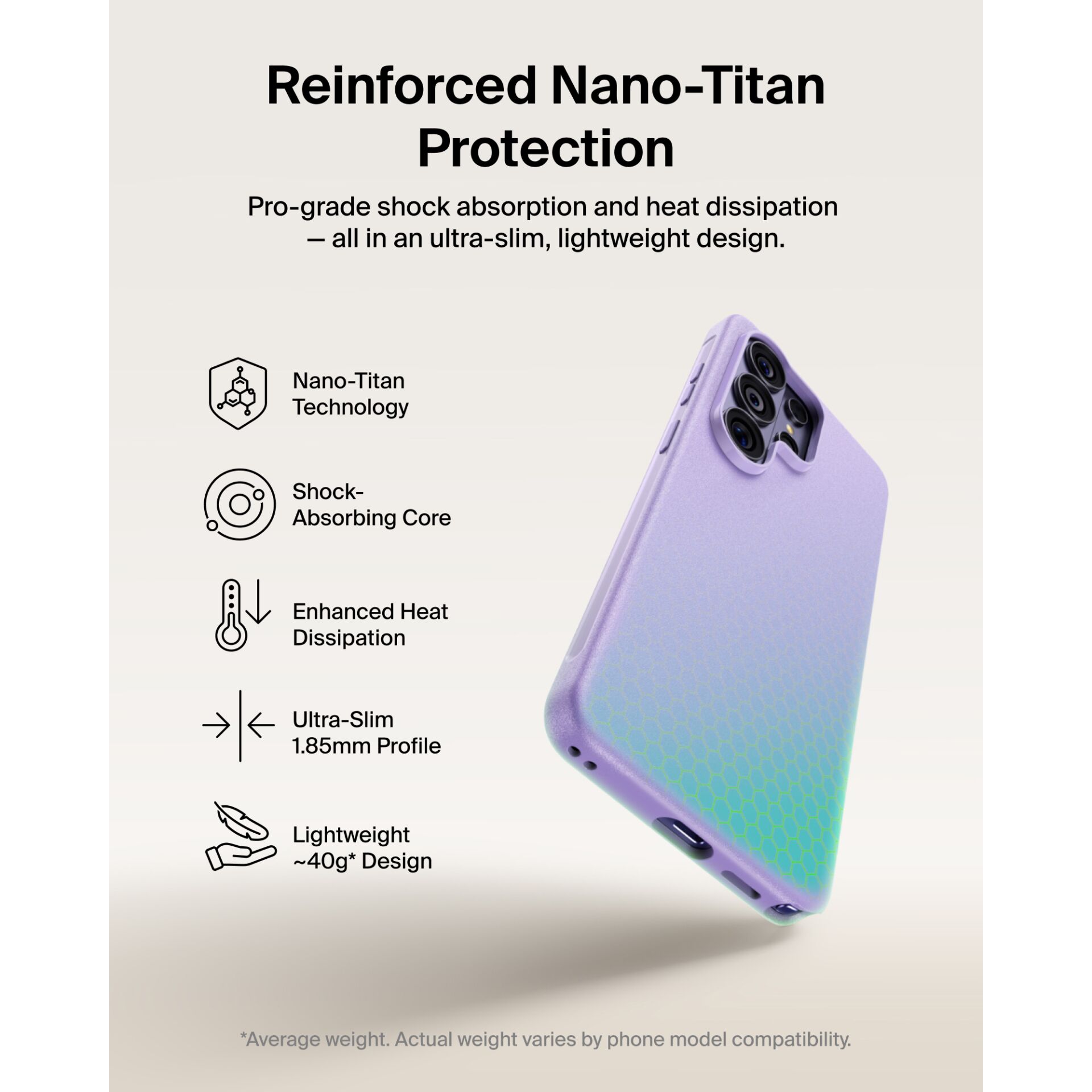 Nano-Titan-Technologie, Schockabsorbierender Kern, Wärmeableitung, Schlanke Bauform, Leichtgewichtige Konstruktion