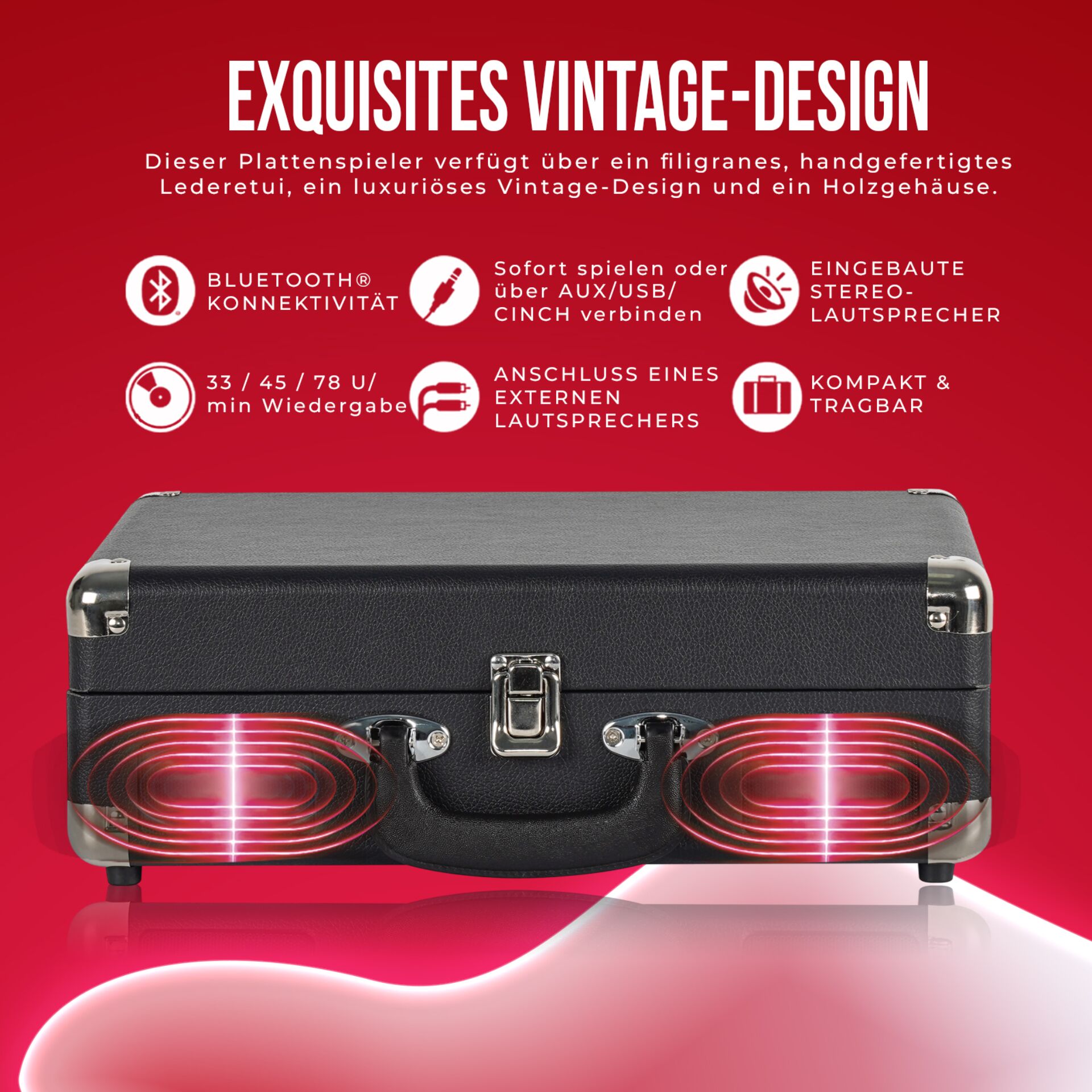 Plattenspieler, Vintage-Design, Lederoptik, Bluetooth, Eingebaute Lautsprecher