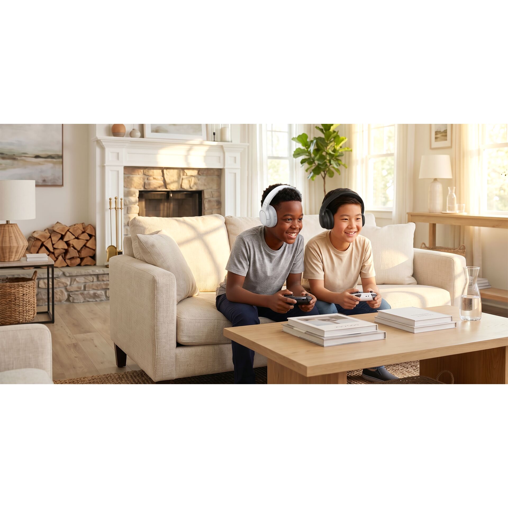 Gaming Controller, Headphones, Wohnzimmer, Couchtisch, Kinder-Gamer