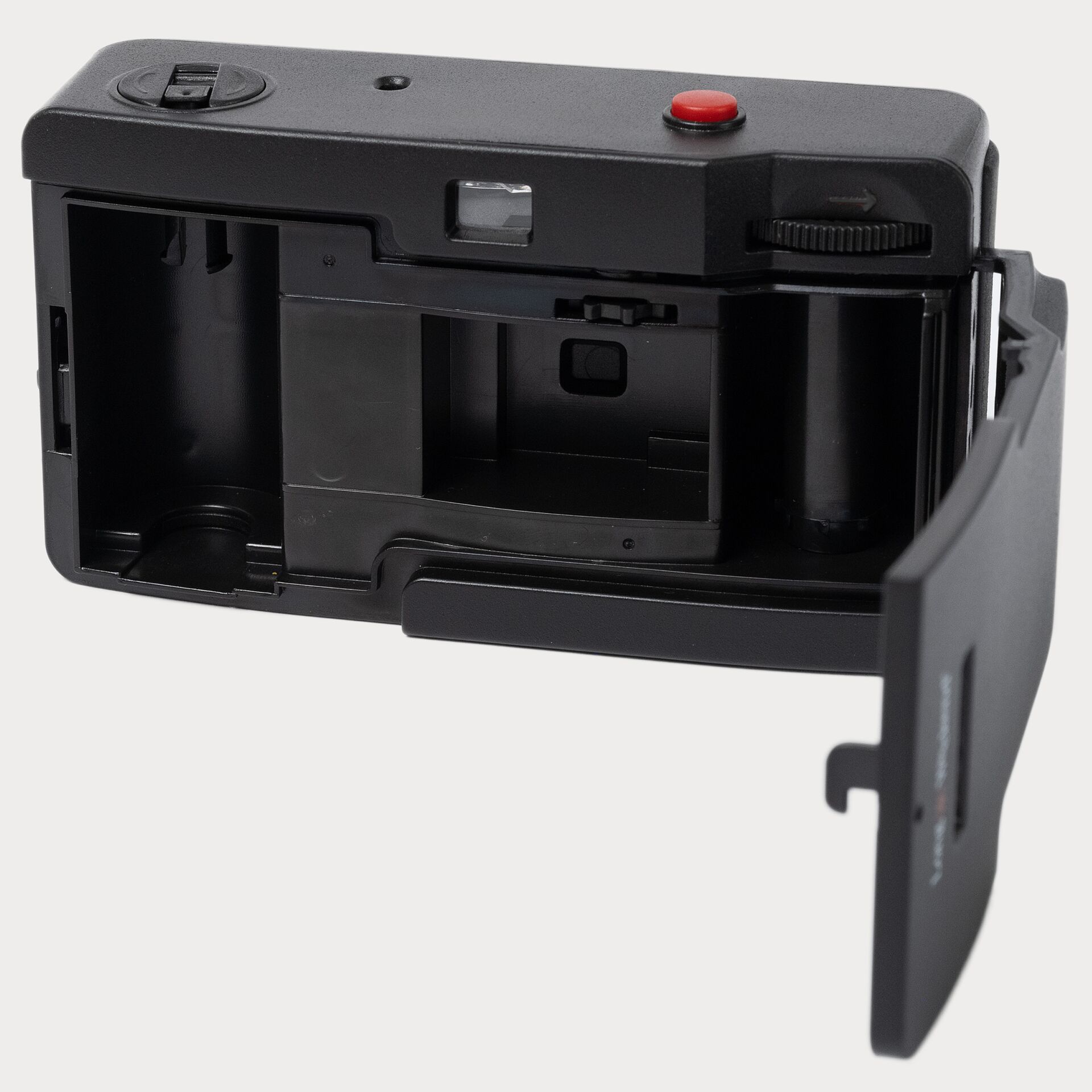 Polaroid-ähnliche Kamera, Sucher, roter Auslöser, Batterieabdeckung, rückseite geöffnet