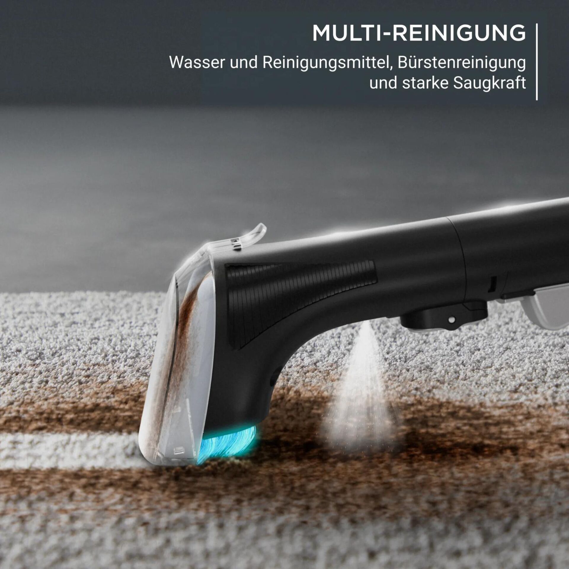 Handheld steamer, Carpet cleaner, Water spray, Infrared cleaning light, Grey black device
