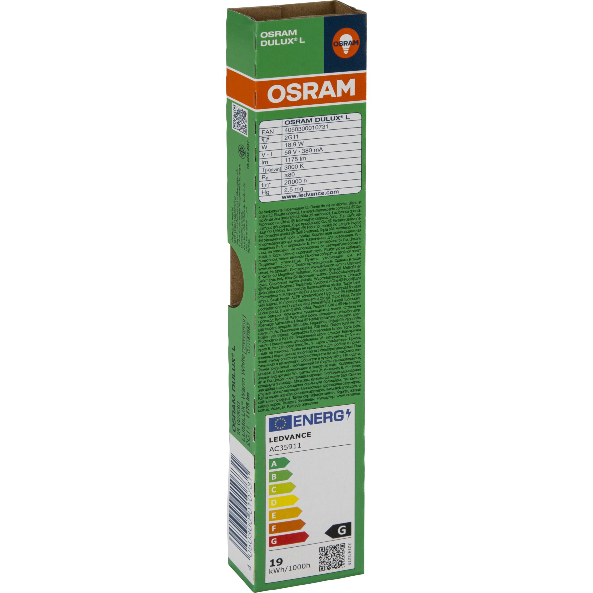 LED-Lampe, Dulux L, OSRAM, Energielabel, grüne Verpackung
