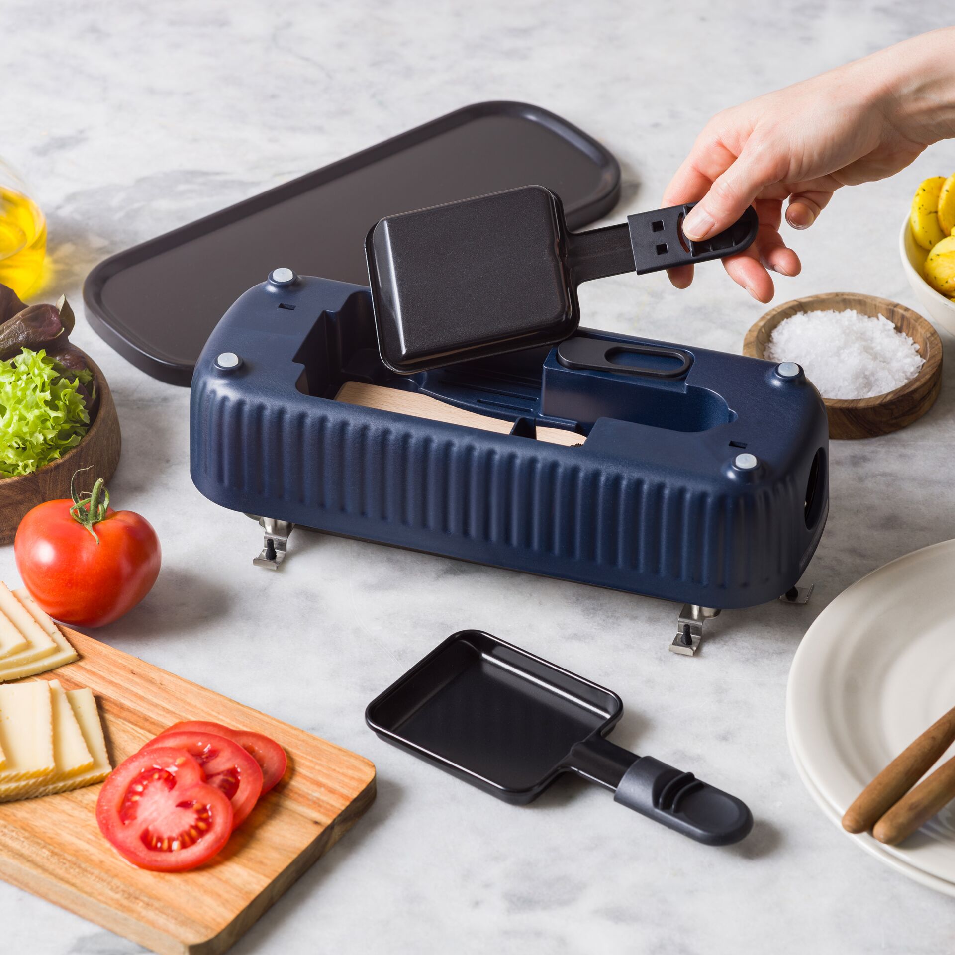 Tischgrill, Mini-Pfännchen, Antihaftbeschichtung, Dunkelblau, Riffelgehäuse