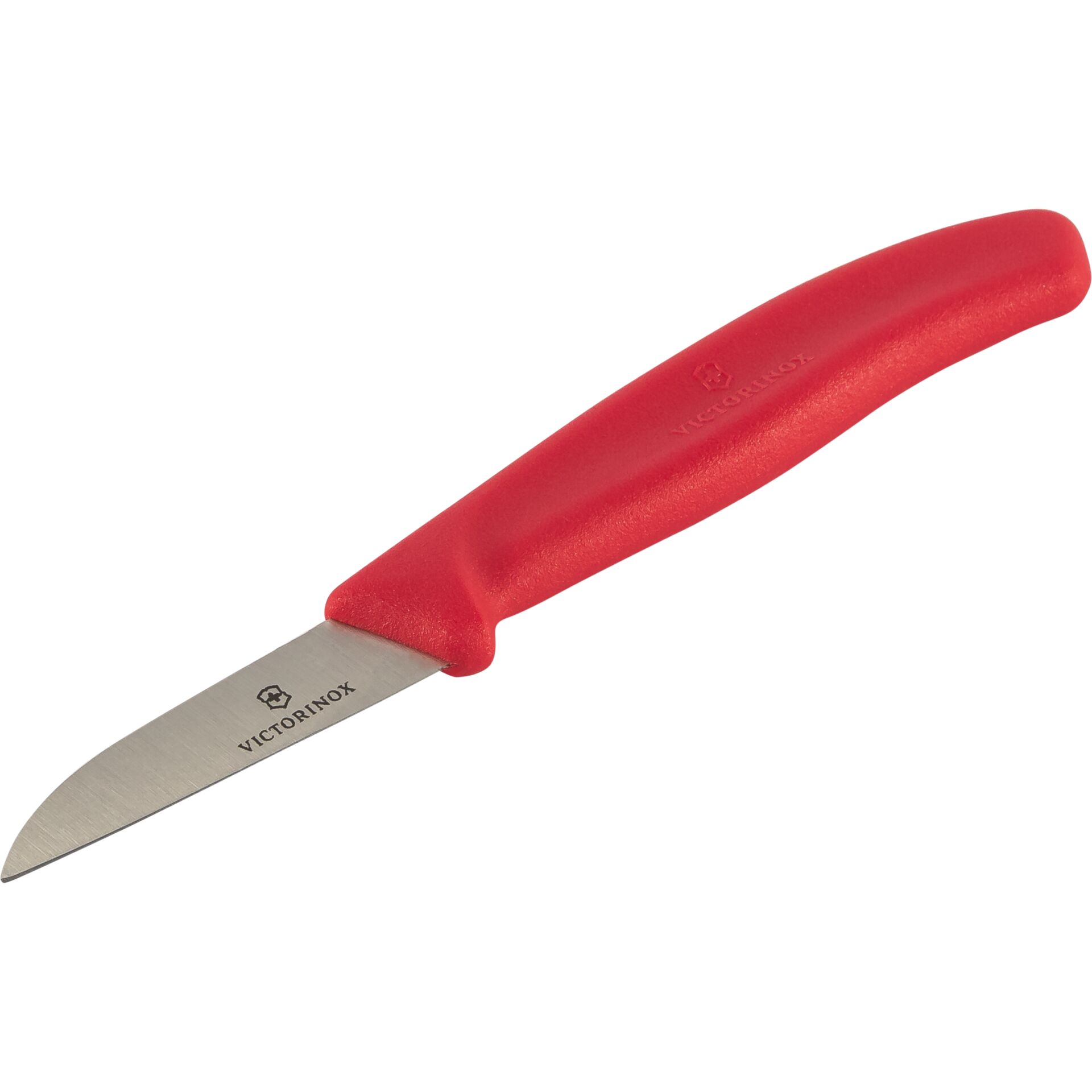 Küchenmesser, Schälmesser, Edelstahlklinge, roter Griff, Victorinox sichtbar auf Klinge