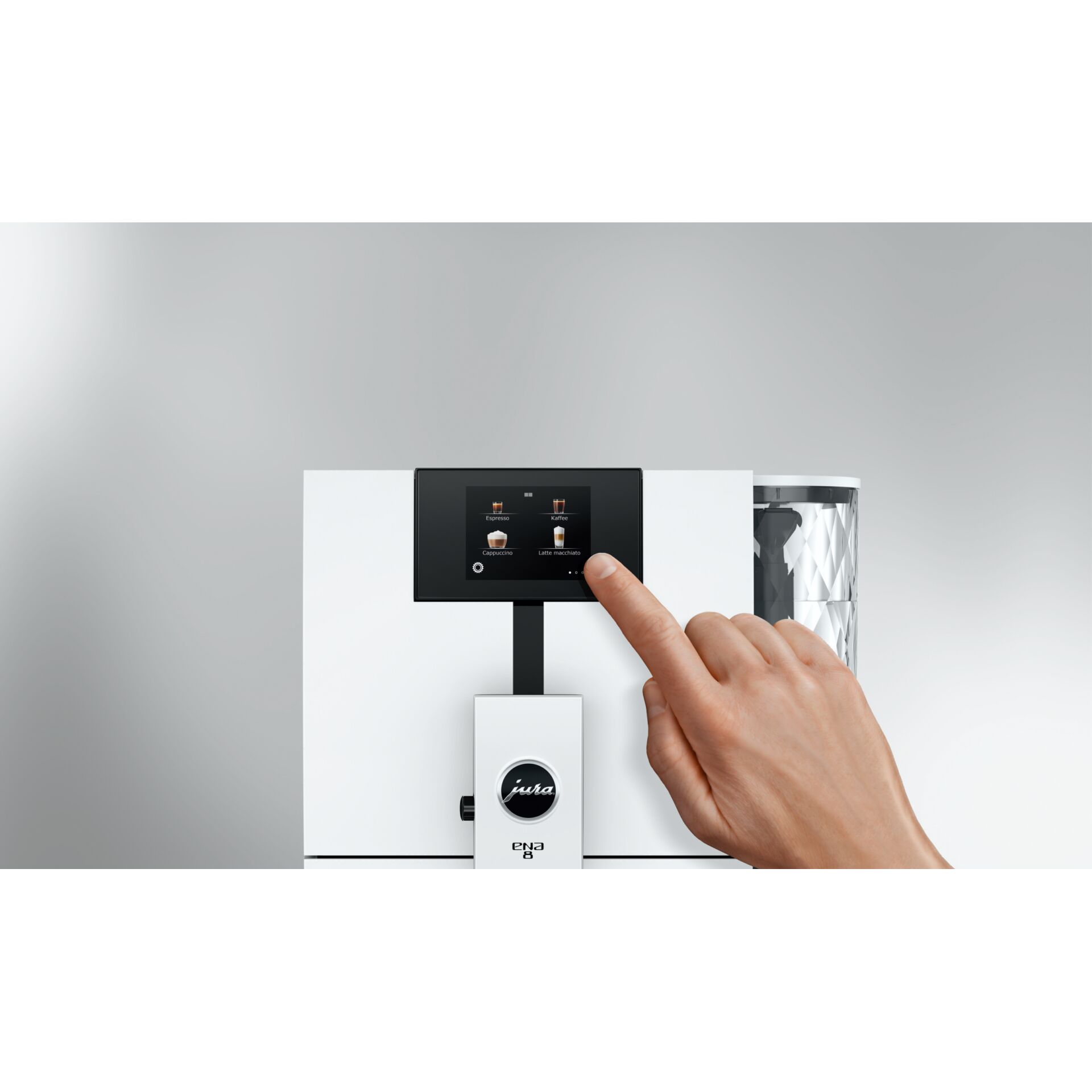 Espresso-Maschine, Touchscreen, Hand interagiert, Kaffeemaschine, Silber