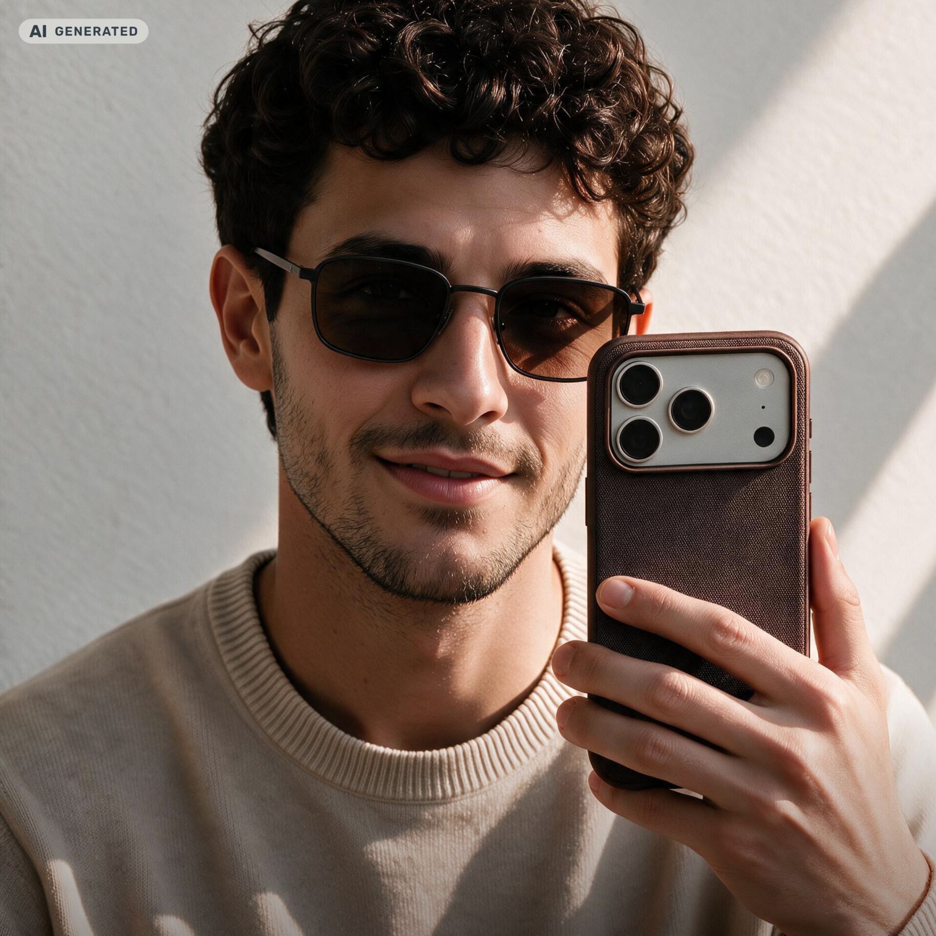 Sonnenbrille, Herren, Stoff-Sweatshirt, Schwarzes Haar, Smartphone, Kamerasystem, Gelbgraue Hintergrund
