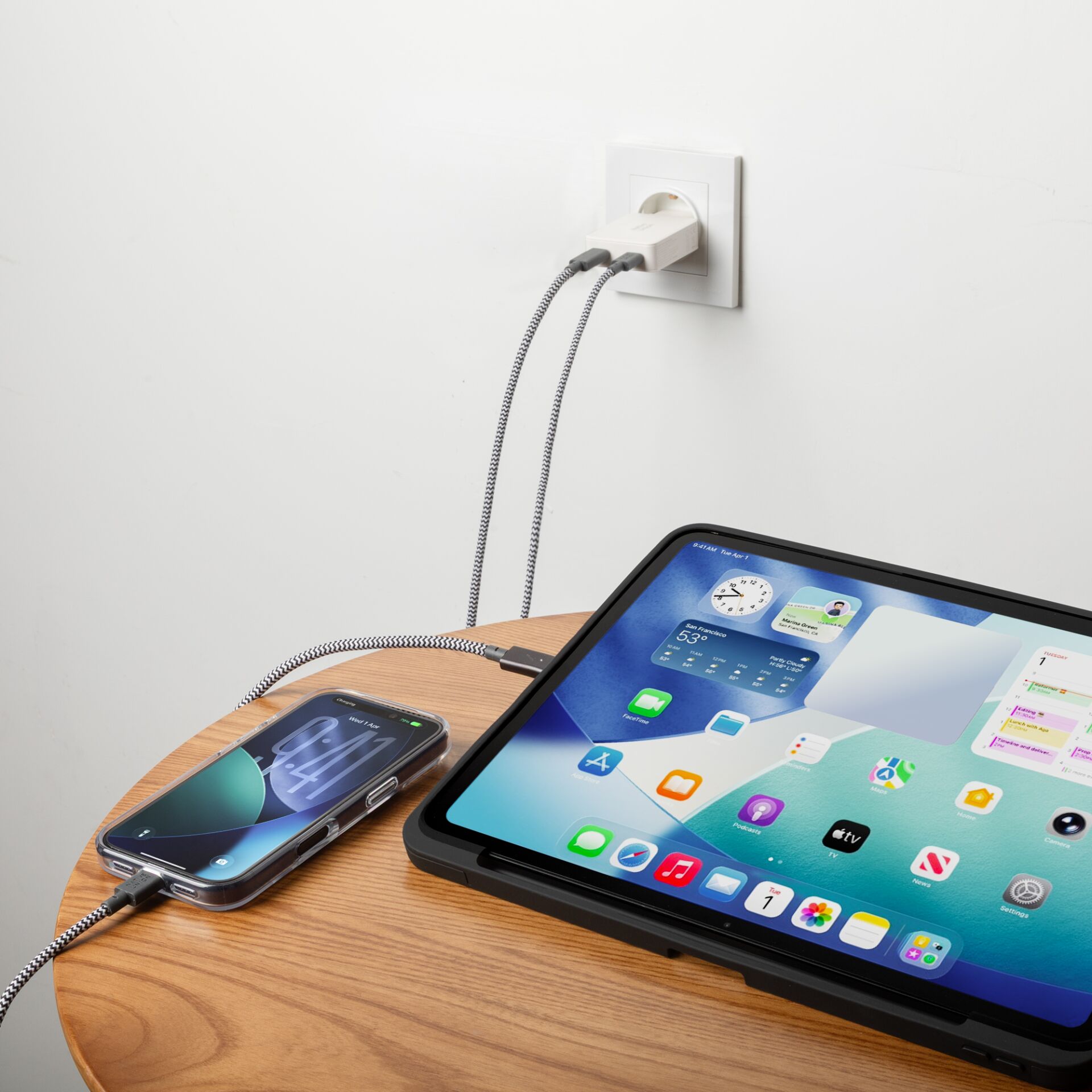 Kabel-aufladung, Ladegerät, Steckdose, Tablet, Smartphone
