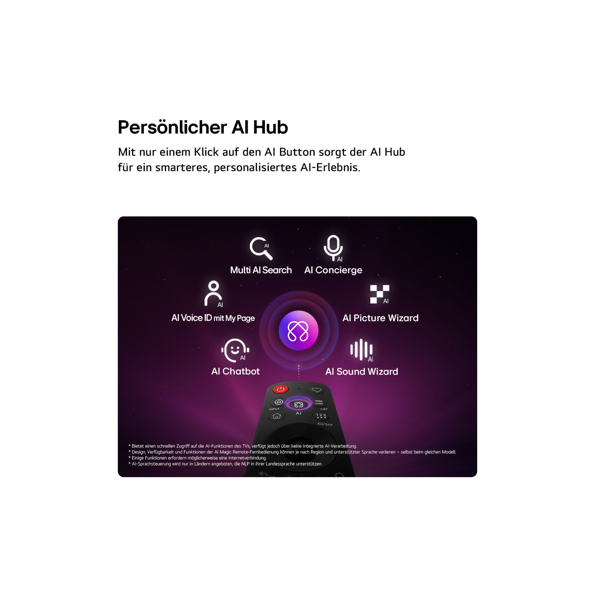 AI Hub, Fernbedienung, Lila Leuchte, Smart TV KI, UI-Symbole