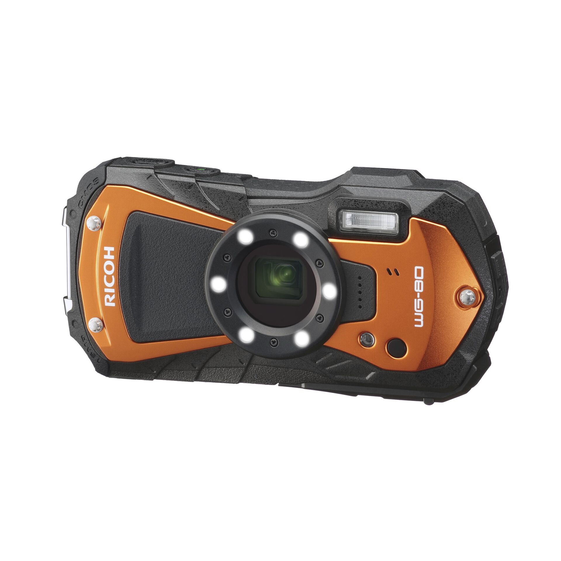 action-cam, orange-casing, lens-in-front, rugged-design, waterproof