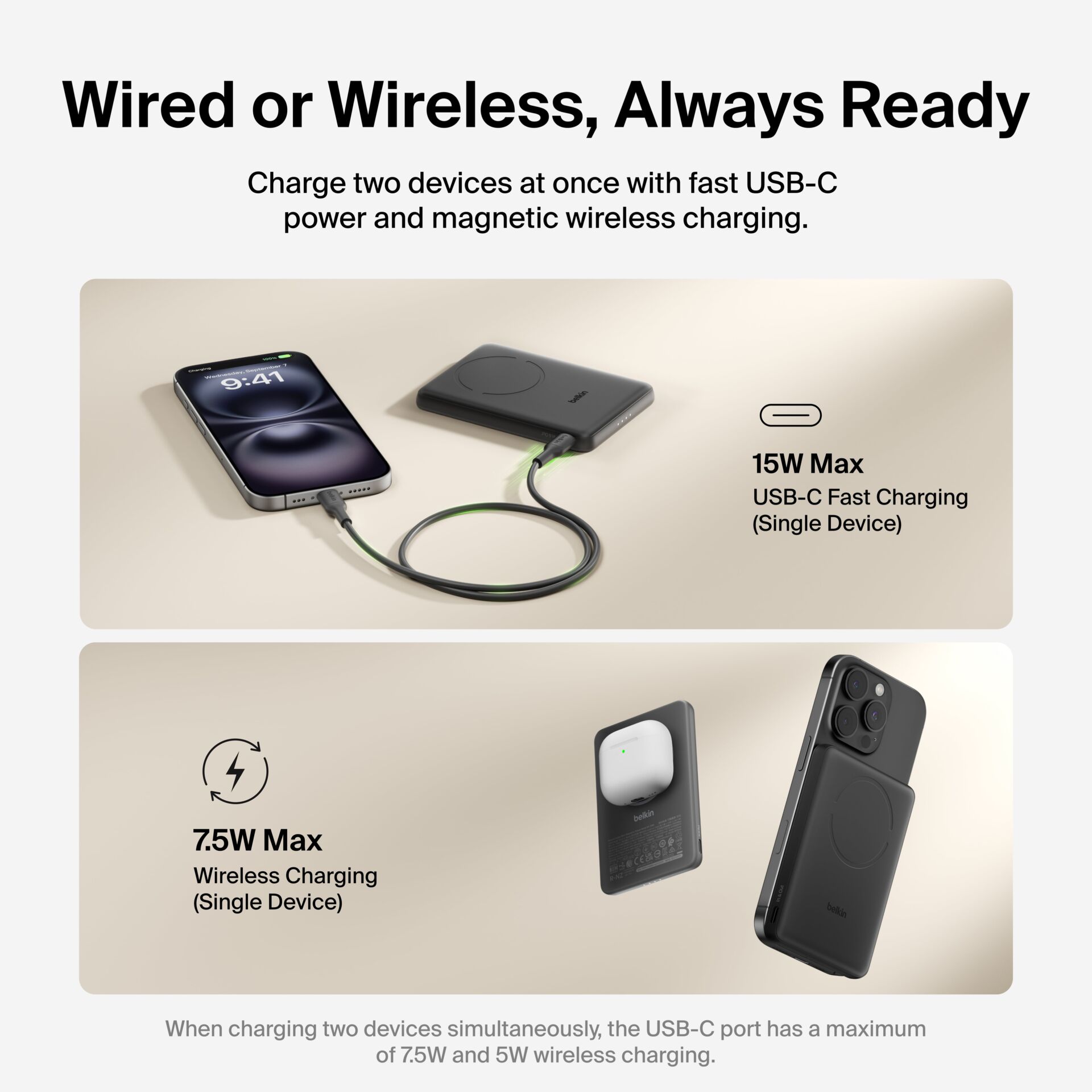 Ladegerät, USB-C, Wireless charging, Schwarz, Adapter
