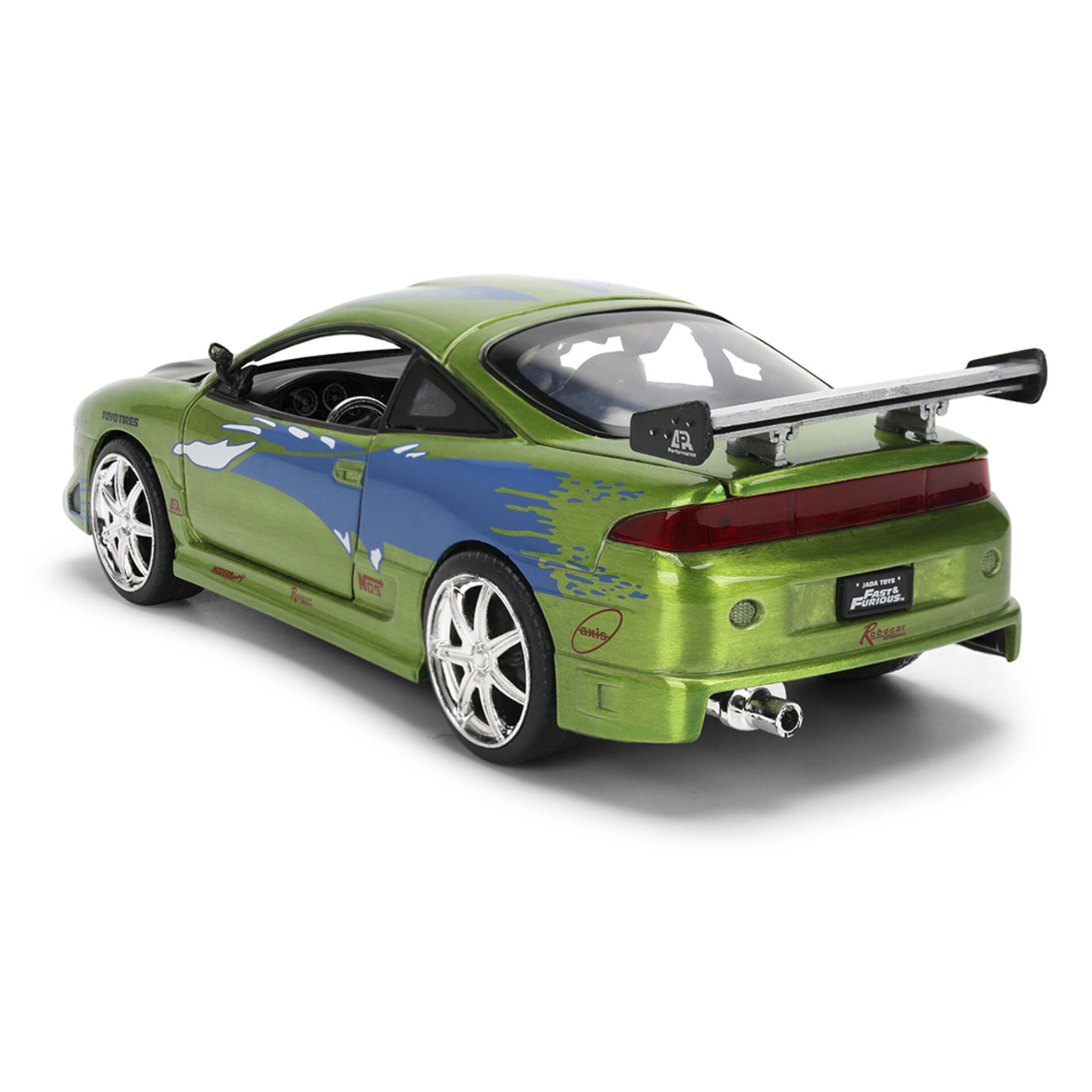 Modelauto, Grüne Karosserie, Heckspoiler, Breite Reifen, Rennaufkleber