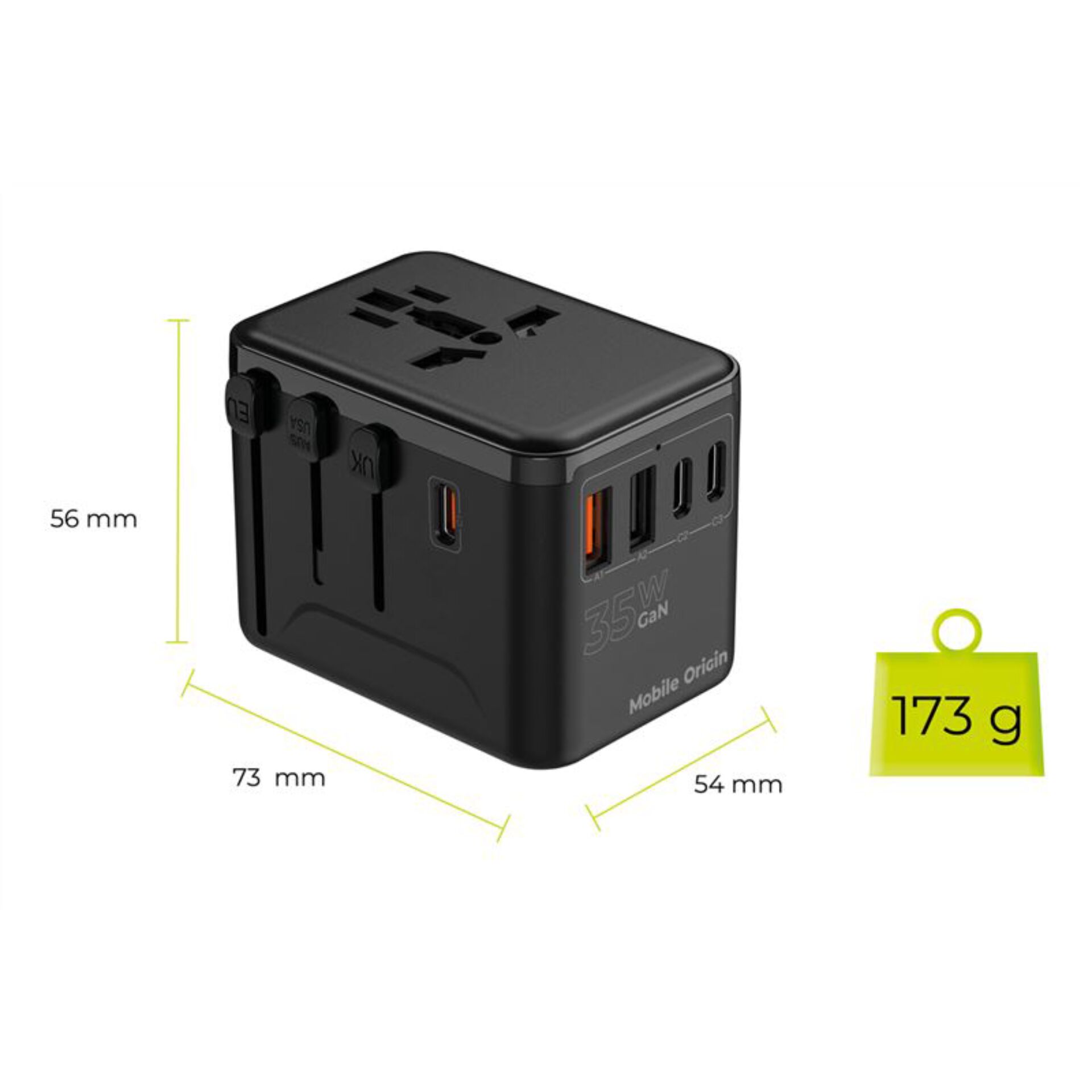 Multiport Ladegerät, USB-C Ports, 3.5W GAN, Wandadapter, kompakte Würfel-Form