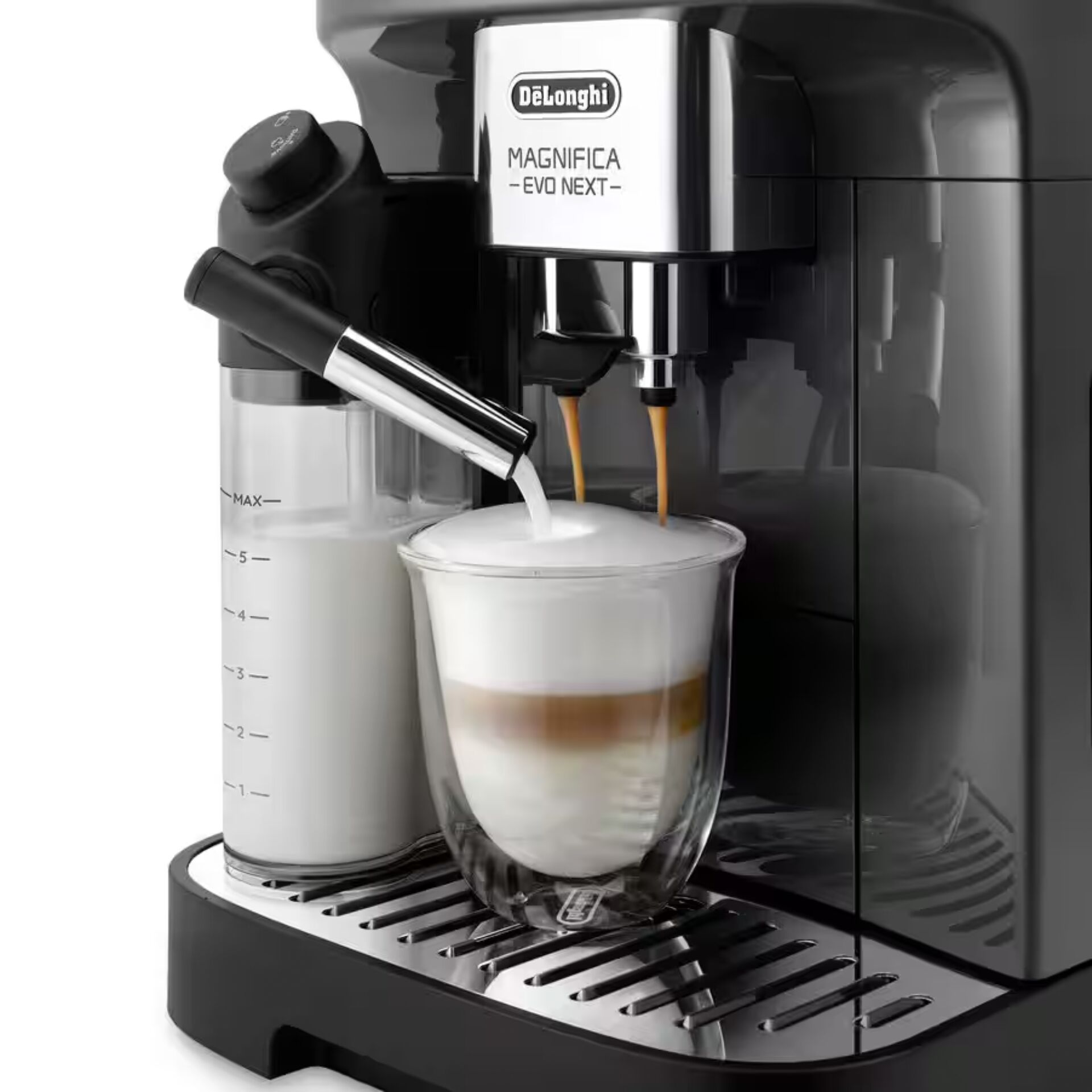Espressomaschine, Kaffeemaschine, Milchschaum, Doppelspuelung, Glasbecher