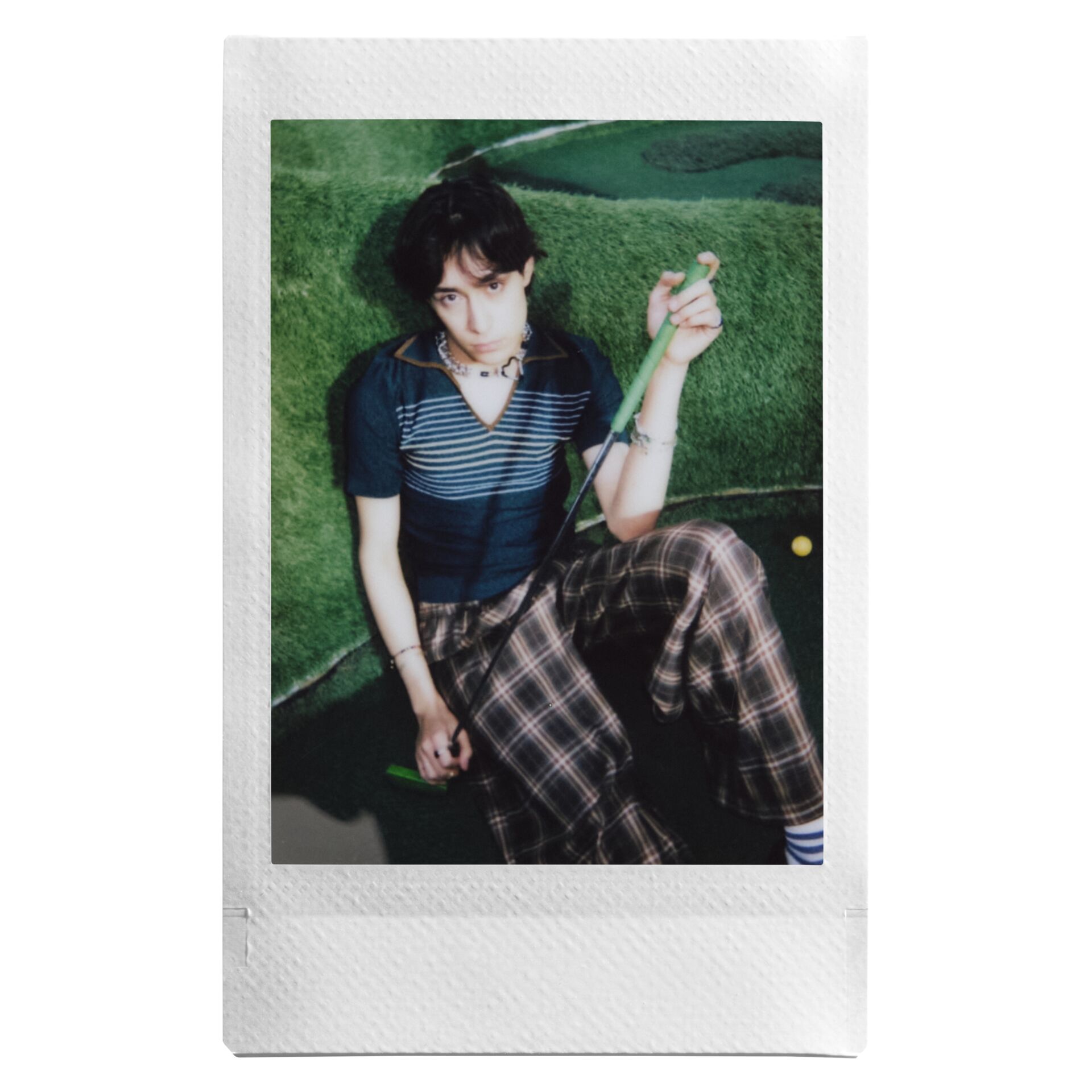 Polaroid, Person, Jeans, Plaid pants, Green thing, sleeve stripe shirt
