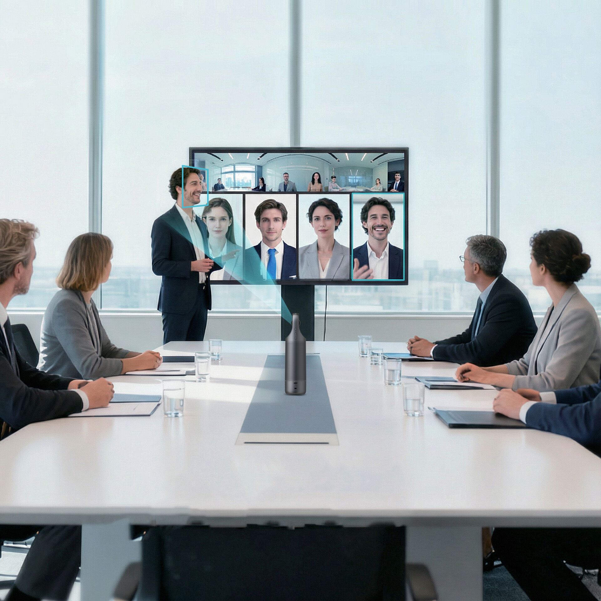 Video-Anruf, Team-Meeting, Konferenzraum, Führungskraft, Telepräsenz