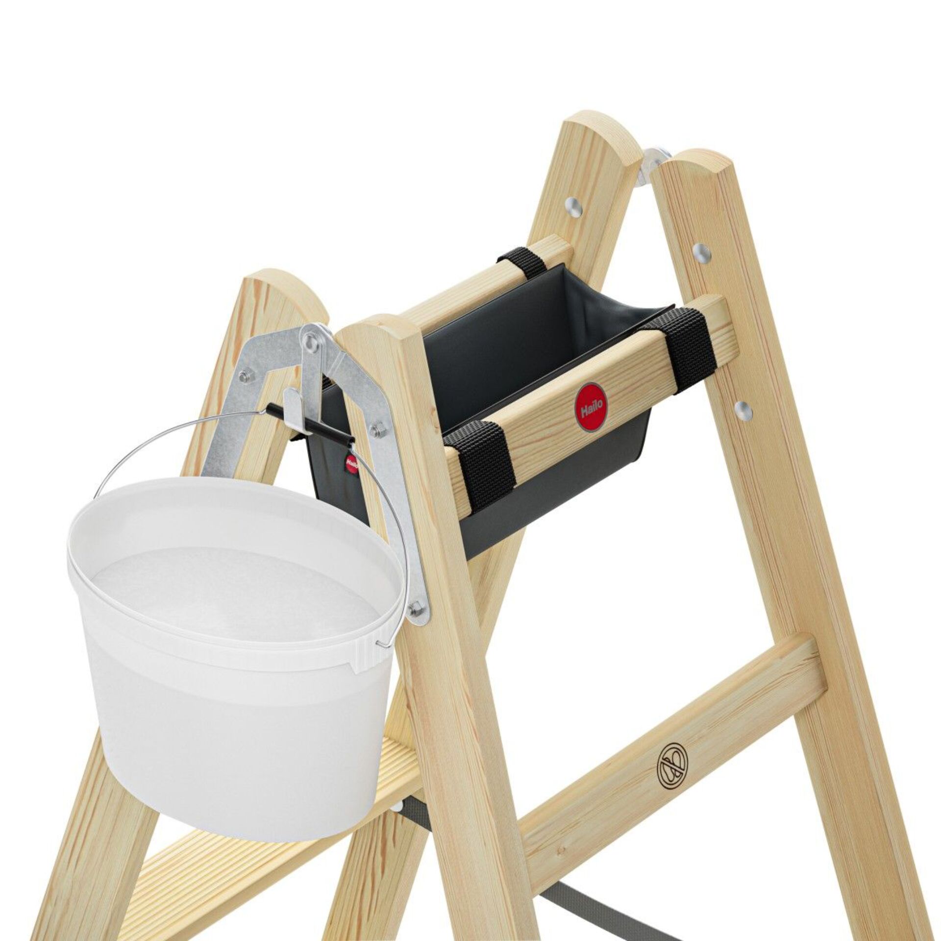 Kletterleiter, Holzleiter, Sicherheitsaufsatz, Eimerhalter, Werkzeugkorb