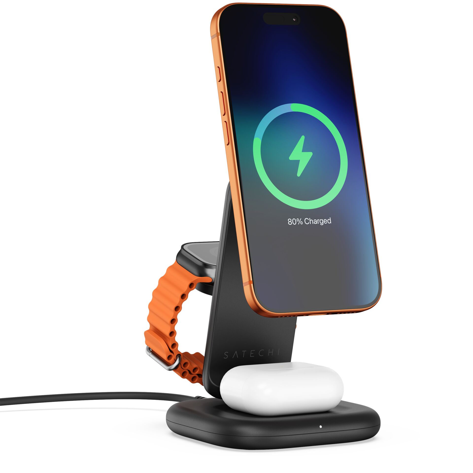 Wireless charger, Phone stand, Magnetische Halterung, Orangefarbener Trageriemen, Kupferfarben