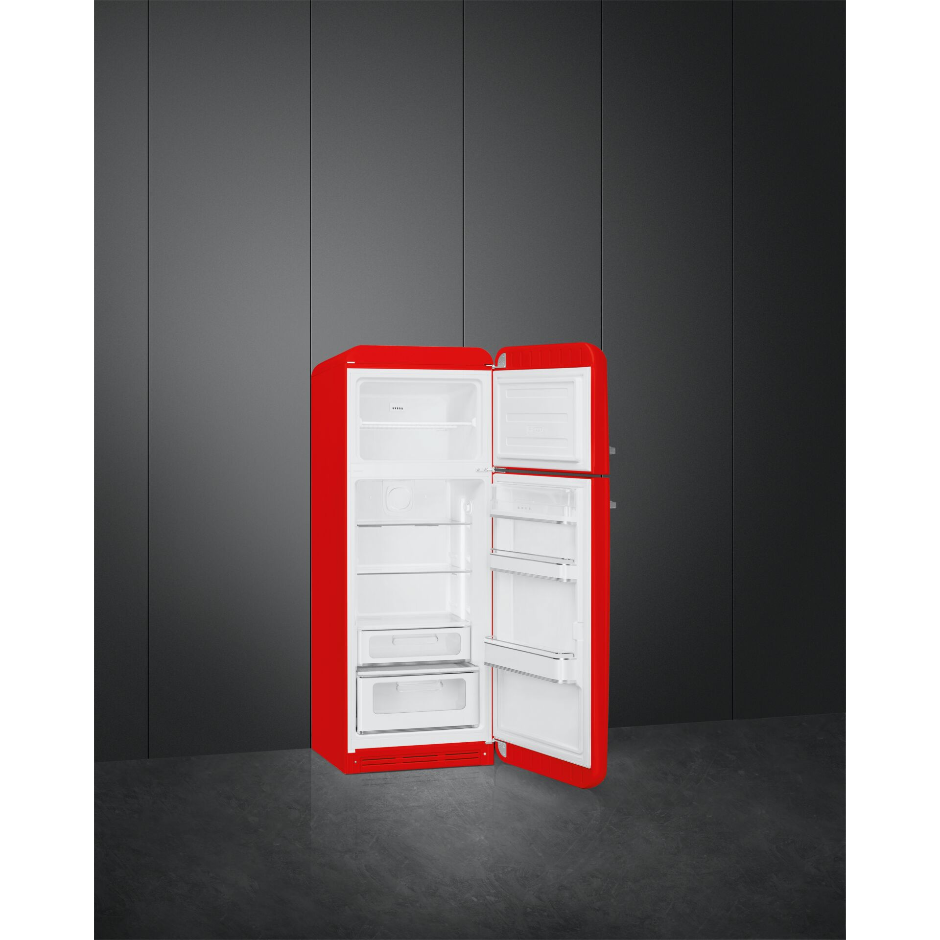 kleinerer Kühlschrank, rot, freistehend, universal, gefrierfach